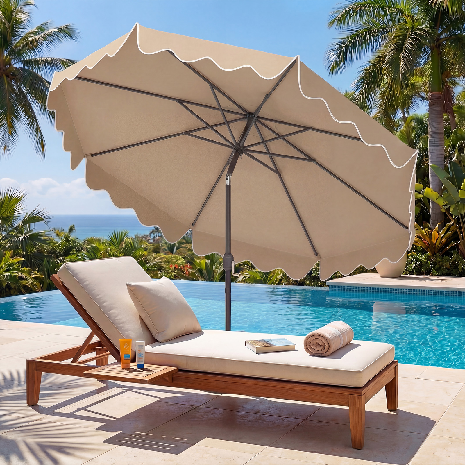 270 cm Sonnenschirm mit Rüschen & Handkurbel Terrassenschirm Beidseitig 30° Knickbar Braun