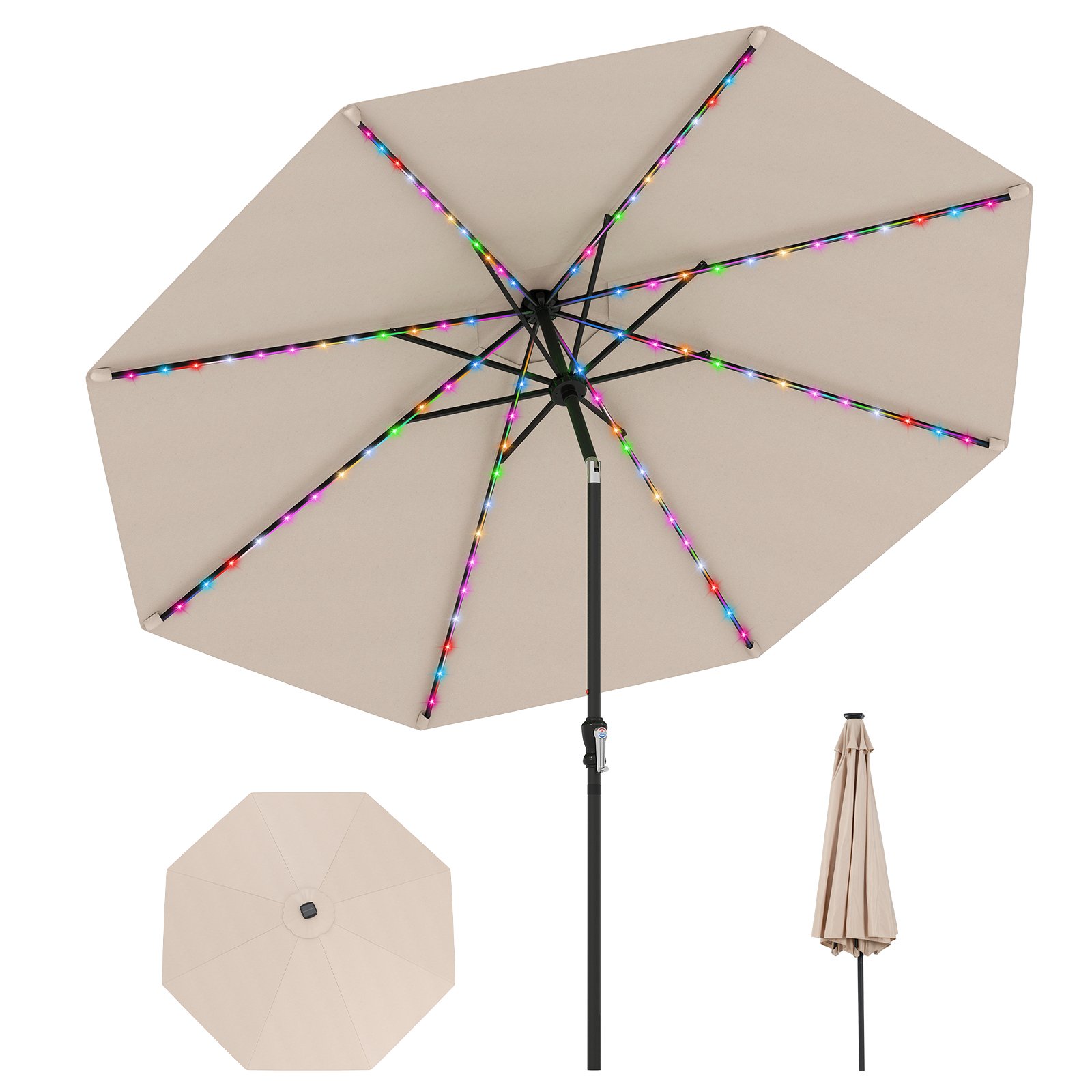 Sonnenschirm 300 cm mit LED-Solar-Beleuchtung 9 Beleuchtungsmodi Gartenschirm mit Kurbel Beige