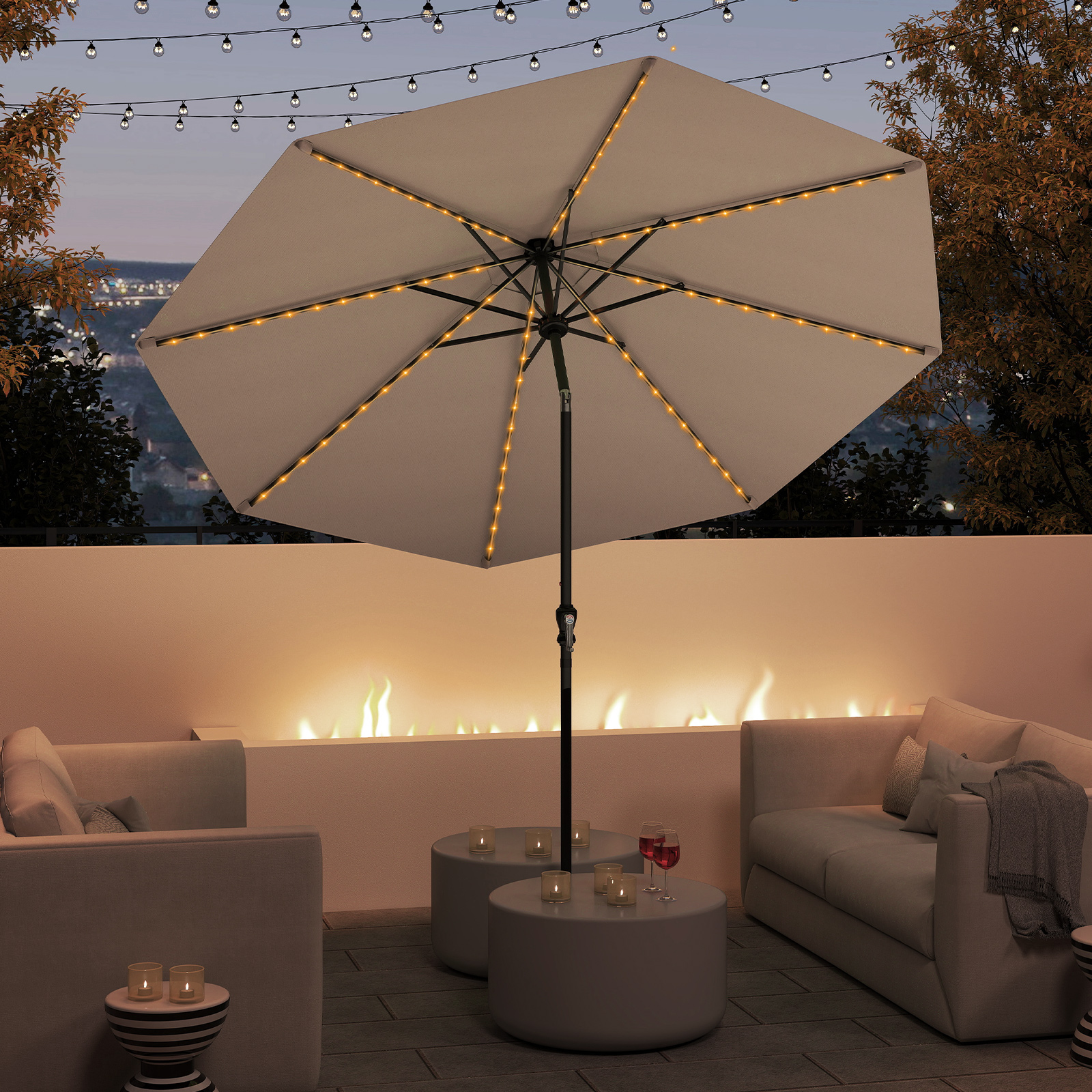 Sonnenschirm 300 cm mit LED-Solar-Beleuchtung 9 Beleuchtungsmodi Gartenschirm mit Kurbel Kaffee