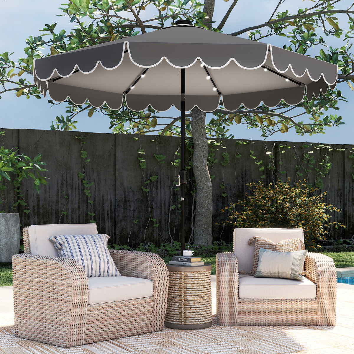 300 cm Sonnenschirm mit LED-Beleuchtung & Kurbel & Volant Gartenschirm Marktschirm Grau