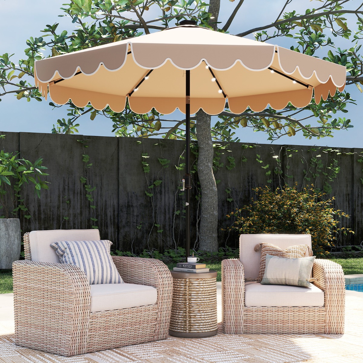300 cm Sonnenschirm mit LED-Beleuchtung & Kurbel & Volant Gartenschirm Marktschirm Braun