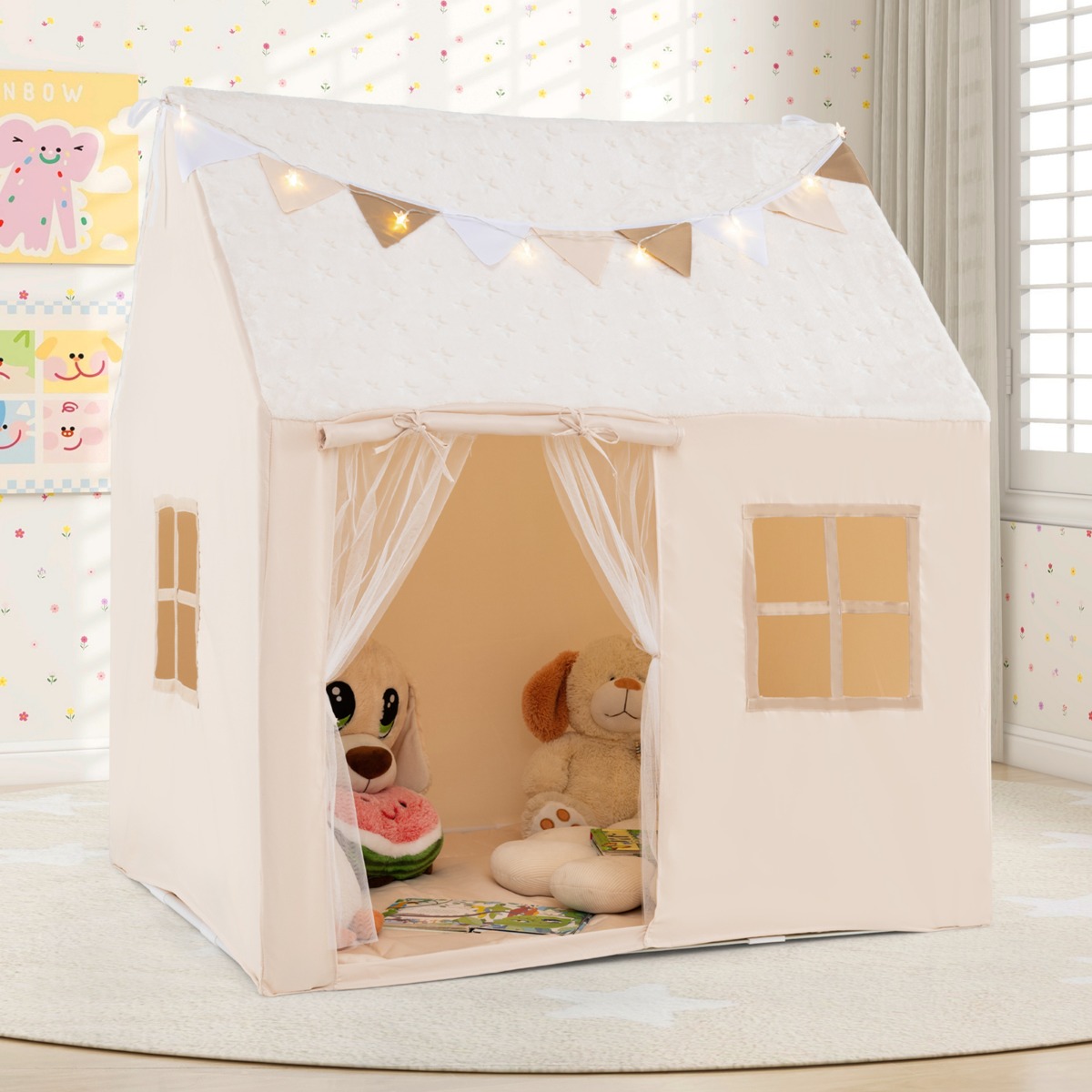 Spielhaus Kinder Indoor Kinderzelt mit gepolsterter Matte & Sternenlichtern 119 x 104 x 129 cm Beige