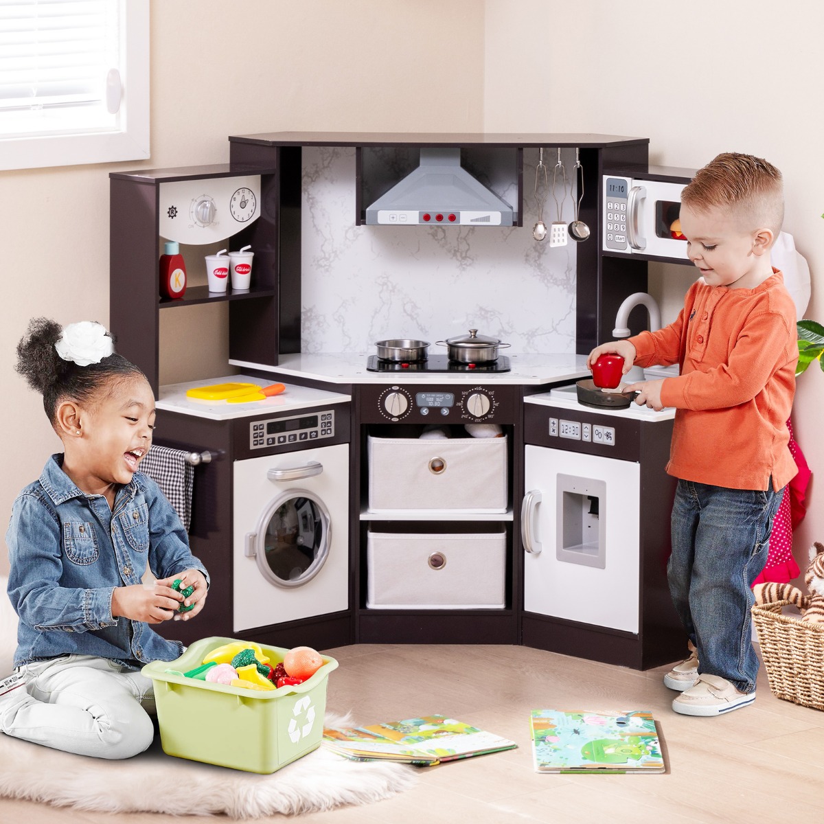 Holz Kinderküche mit Licht & Sound & Wasserspender & Waschmaschine & Zubehör Spielküche Braun