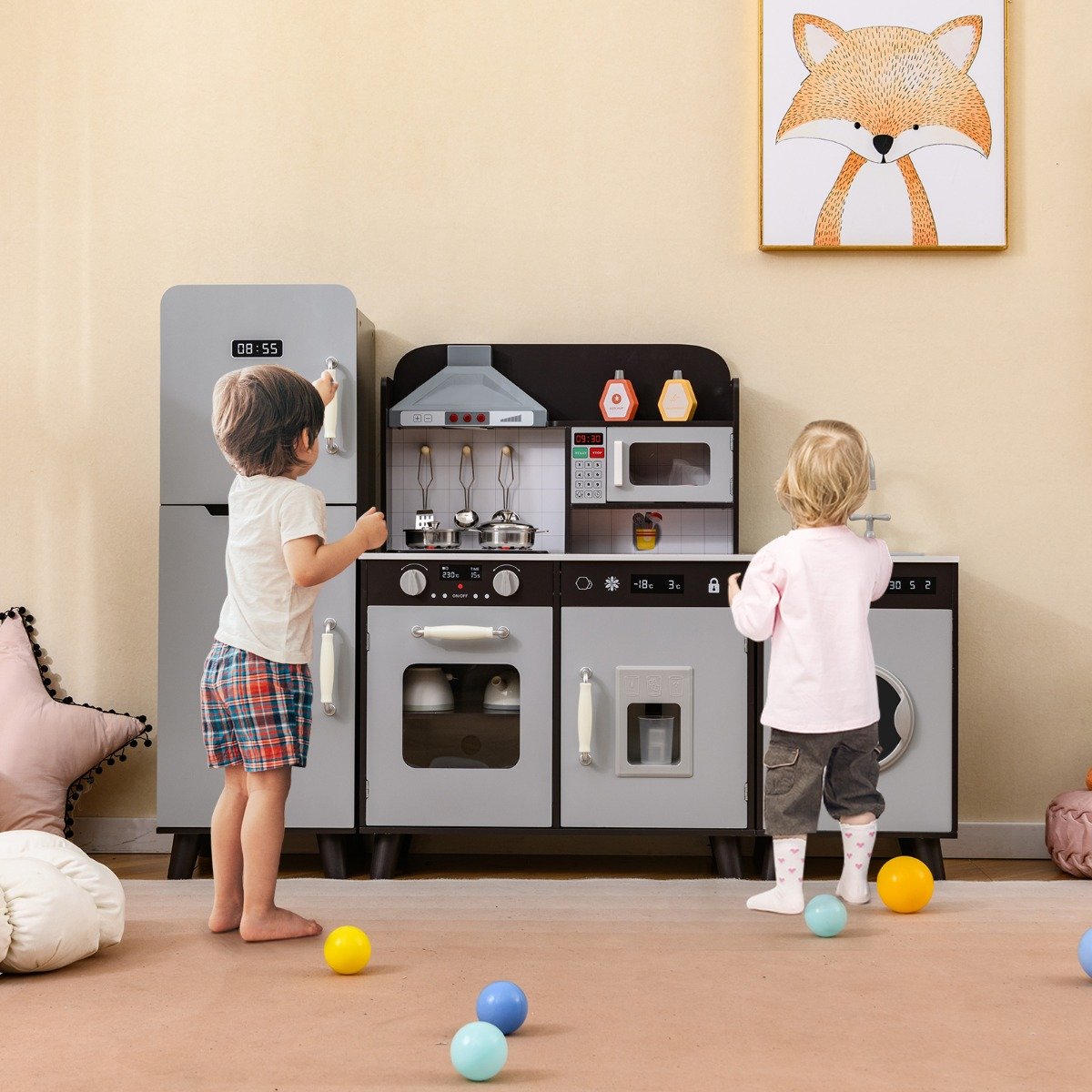 Kinderküche mit Zubehör 3 in 1 Kinder Küche Holz mit Kühlschrank & Waschmaschine Braun