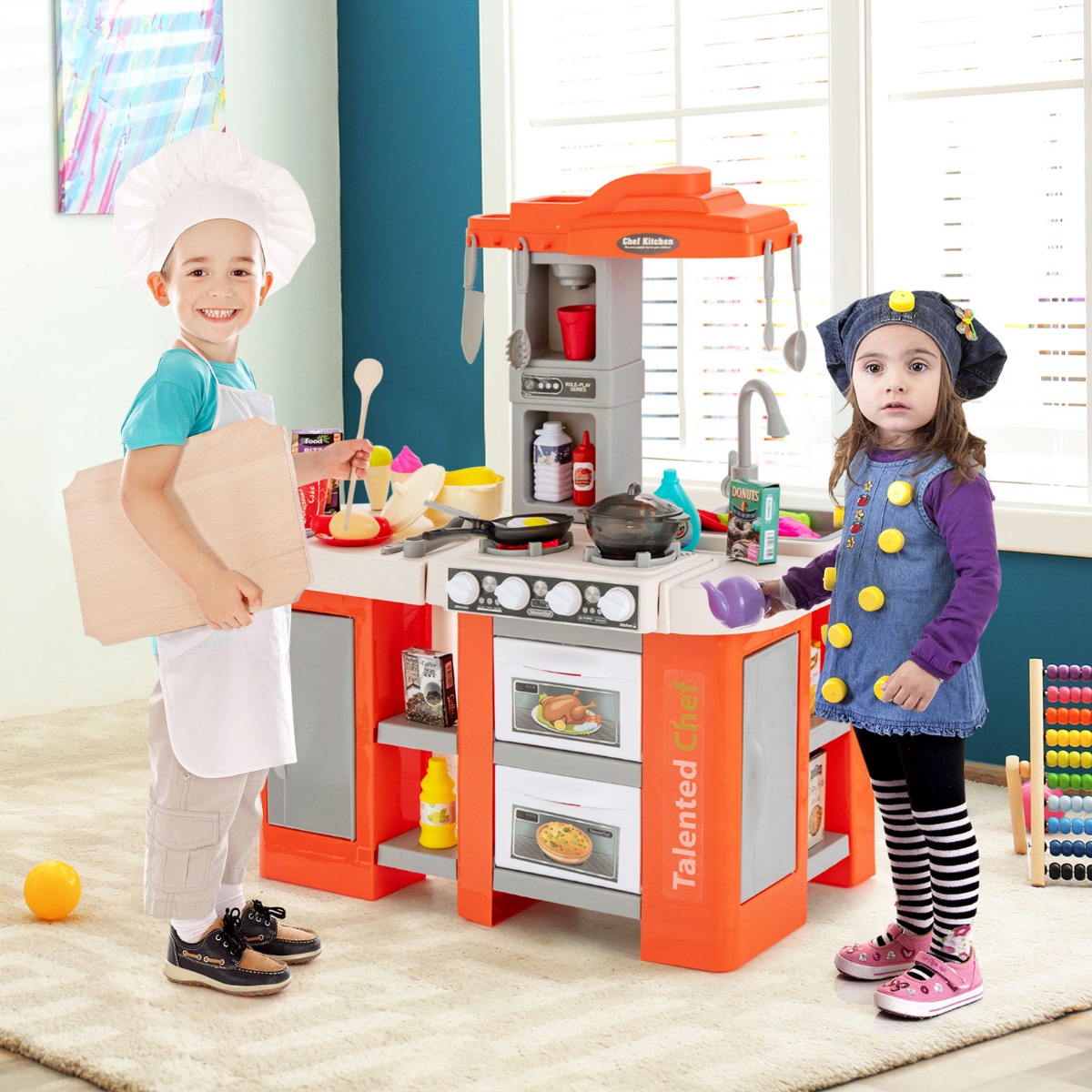 Kinderküche mit 67 Zubehör Spielküche aus Kunststoff mit Wasserpumpfunktion Orange