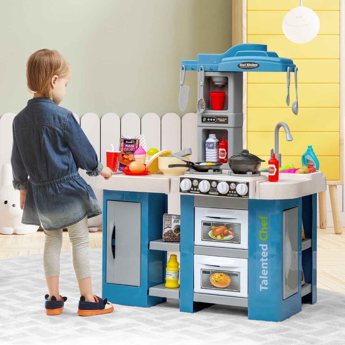 Kinderküche mit 67 Zubehör Spielküche aus Kunststoff mit Wasserpumpfunktion Blau