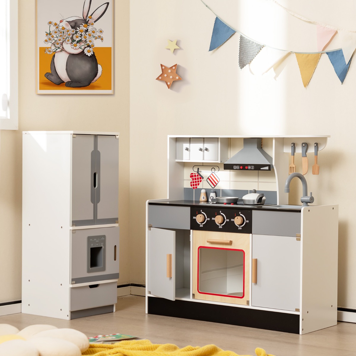 Kinderküche mit Trennbaren Kühlschrank & Lichter & Musik & Sound & 12 Zubehör Kühlschrank