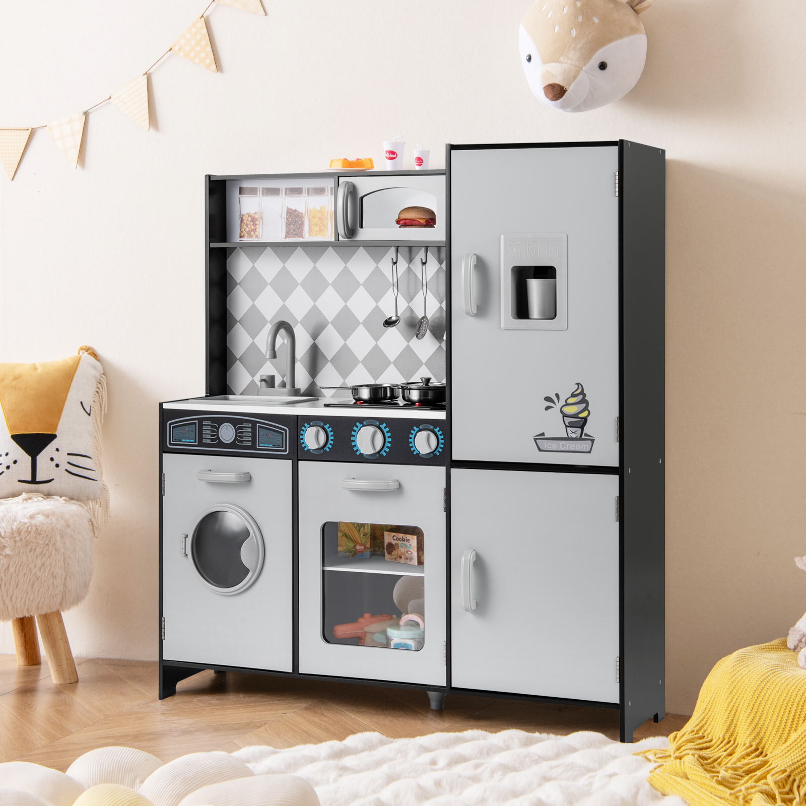 Spielküche aus Holz Küchenspielset mit Eismaschine Kochherd Waschmaschine Ofen Mikrowelle Küchenutensilien Grau
