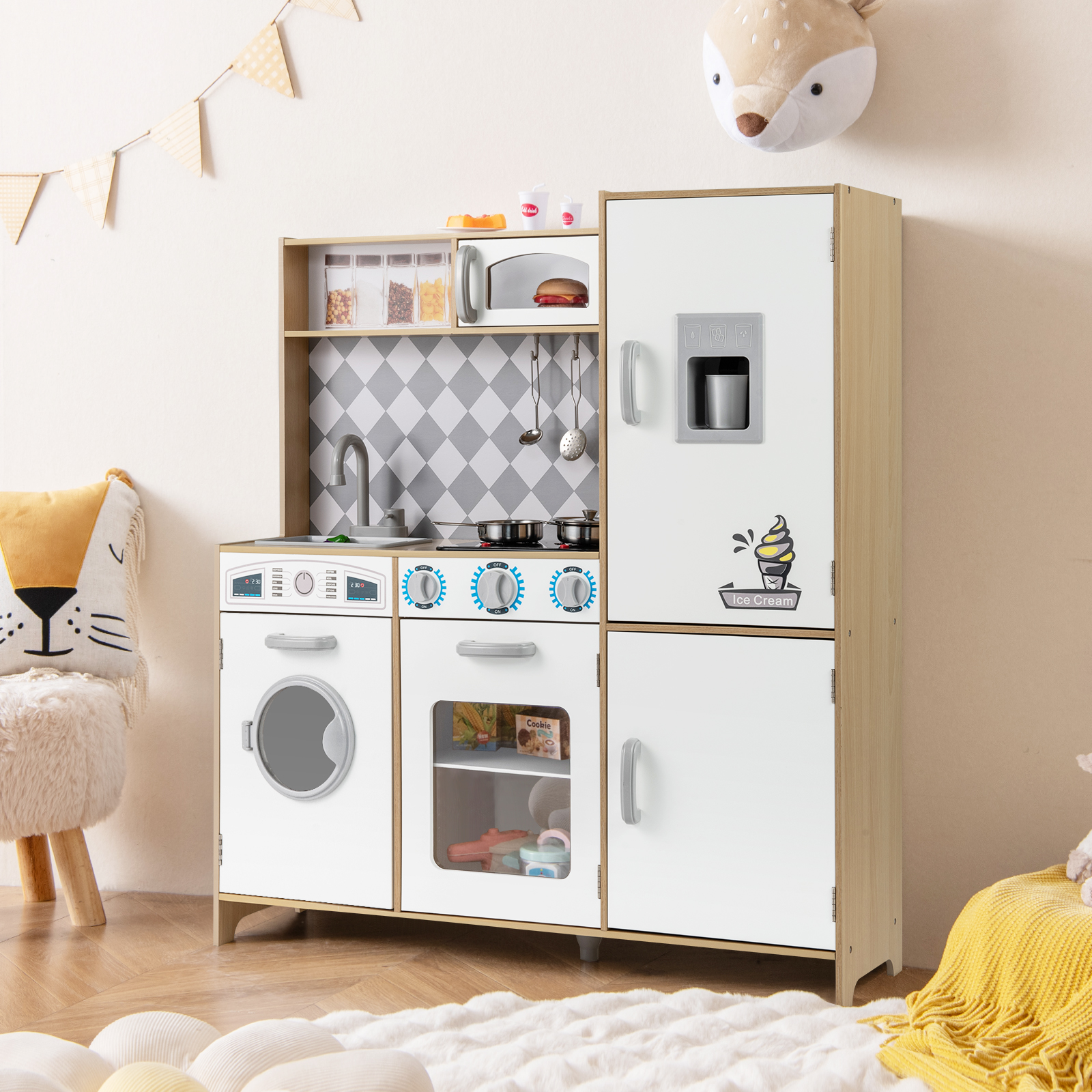 Spielküche aus Holz mit Zubehör Küchenspielset Spielzeugküche mit Eismaschine & Kochherd Natur