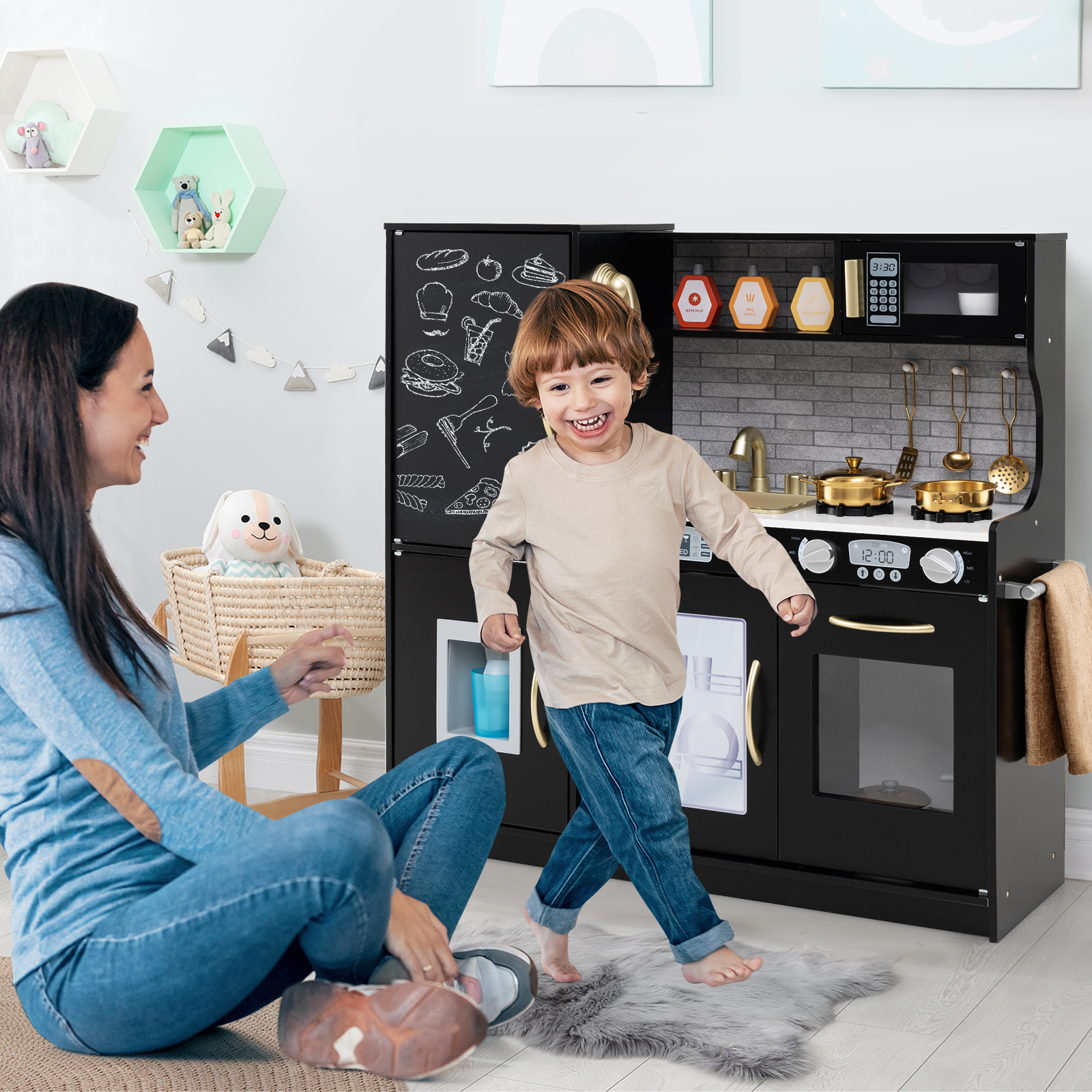 Spielküche zum Spielen Küchenspielset für Kleinkinder mit Tafel 82 x 24 x 80 cm Schwarz