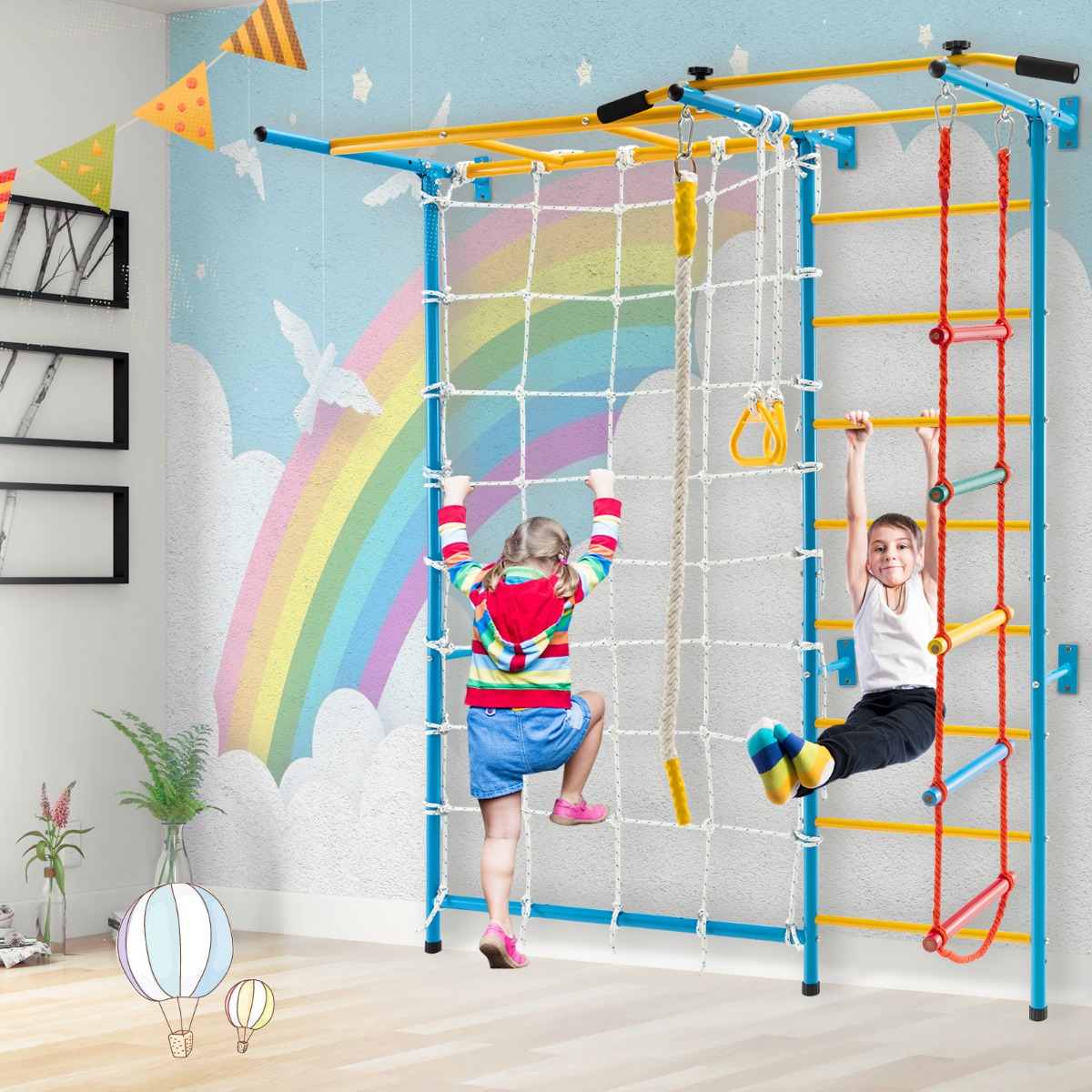Gymnastikgerät 7 in 1 Kinder Kletterwand mit Netz 197,5 x 83,5 x 223 cm