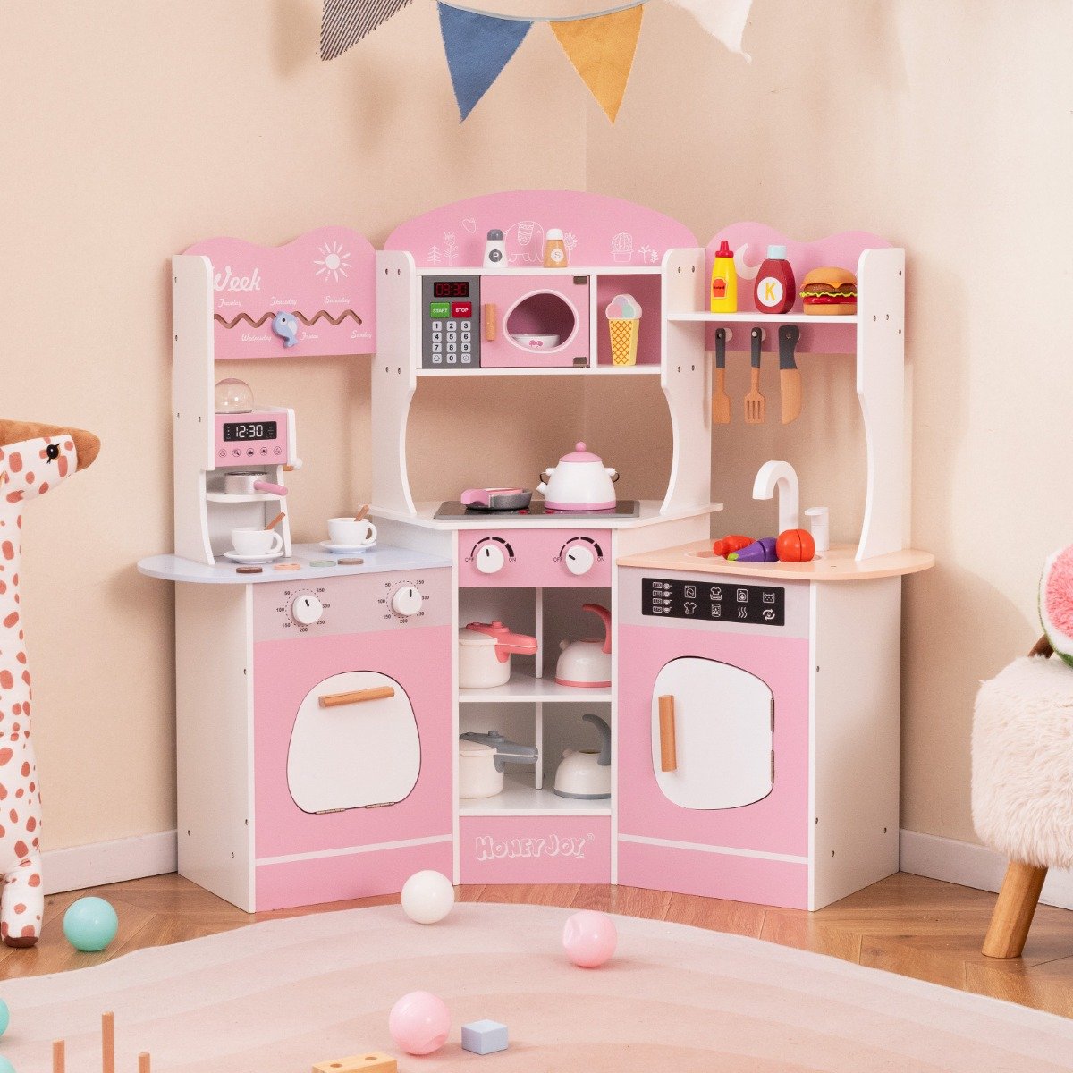 Holz Eck Spielküche mit Sound & Licht & Kaffeemaschine & Rutsche Kleinkind Küchen Spielset Rosa