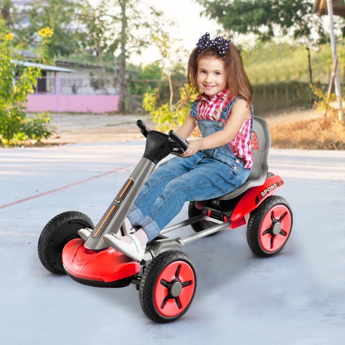 12V Kinder Elektro Gokart mit LED & 2-fach Verstellbarem Lenkrad & SitzLichter Rot