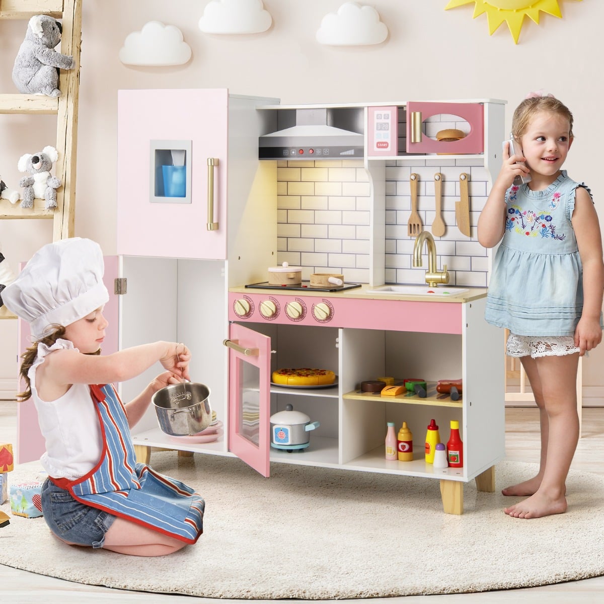 Kinderküche mit Eismaschine & Dunstabzugshaube & Tafel Spielküche Holzküche Rosa