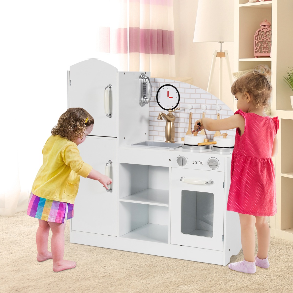 Kinderküche aus Holz mit Utensilien & Wasserhahn & Spüle Telefon & Schränken 78 x 29 x 83 cm Weiß