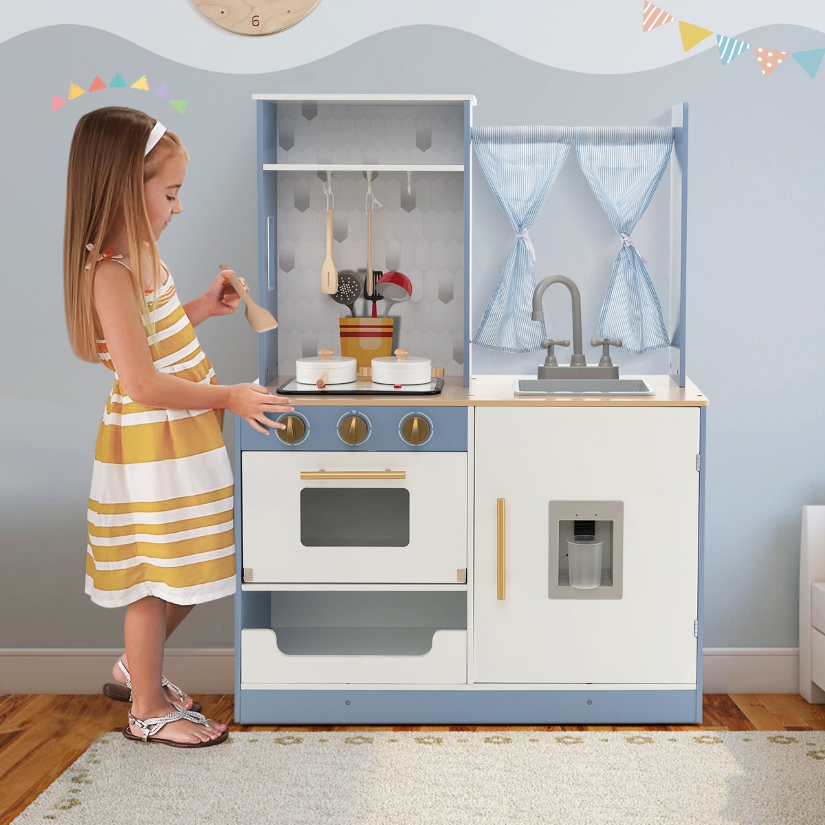Kinderküche mit Vorhängen & Herd & Spüle & Ofen & Wasserspender Spielküche  für Kinder ab 3 J.