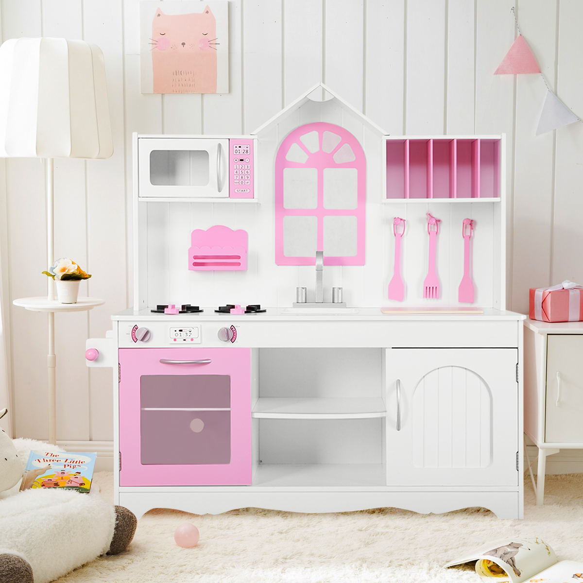 Kinderküche Spielküche aus Holz mit Spüle & Haken & Ofen & Mikrowelle Rosa & Weiß