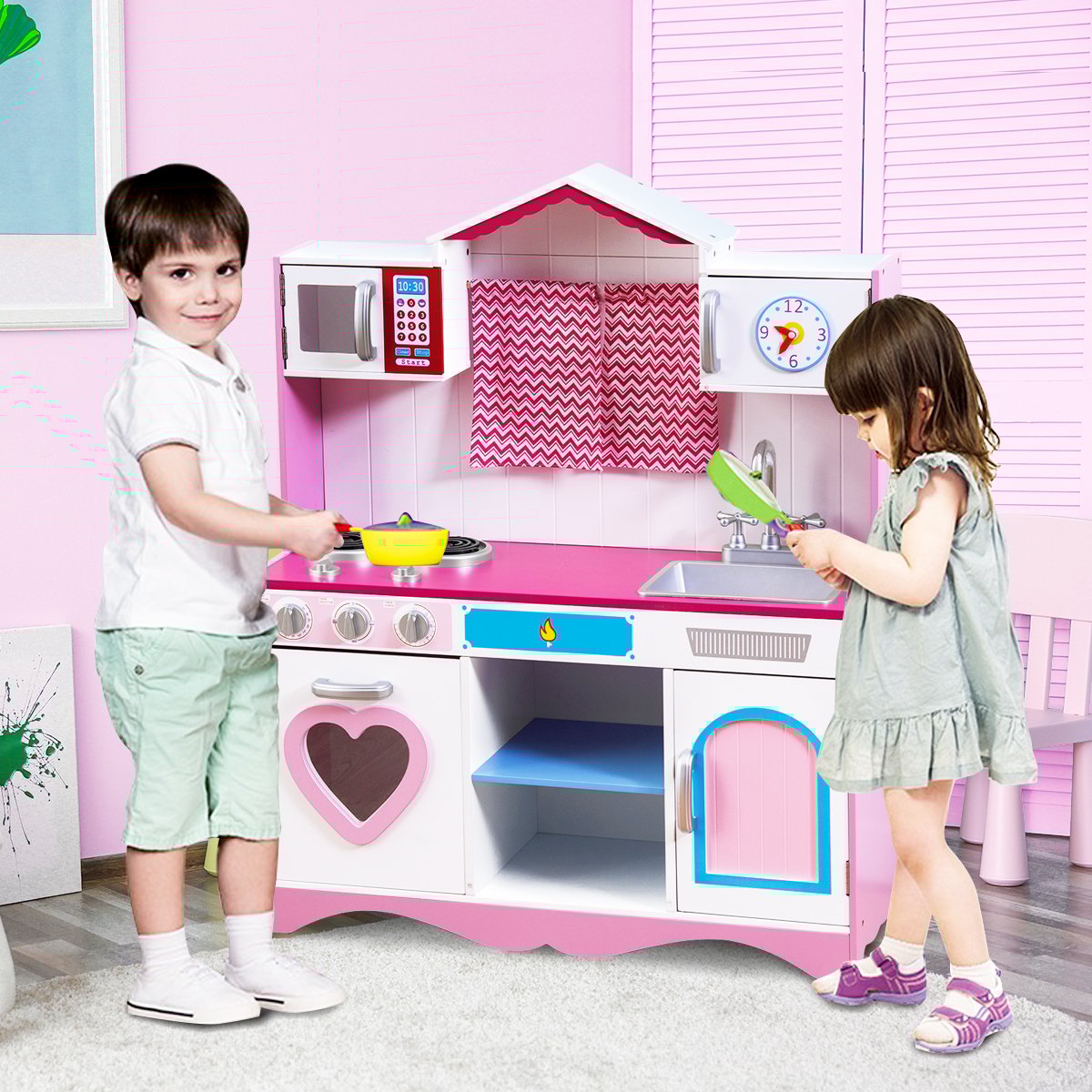 Kinderküche Spielküche aus Holz mit Abnehmbare Spüle Mikrowelle Backofen Kinder Küche Rosa