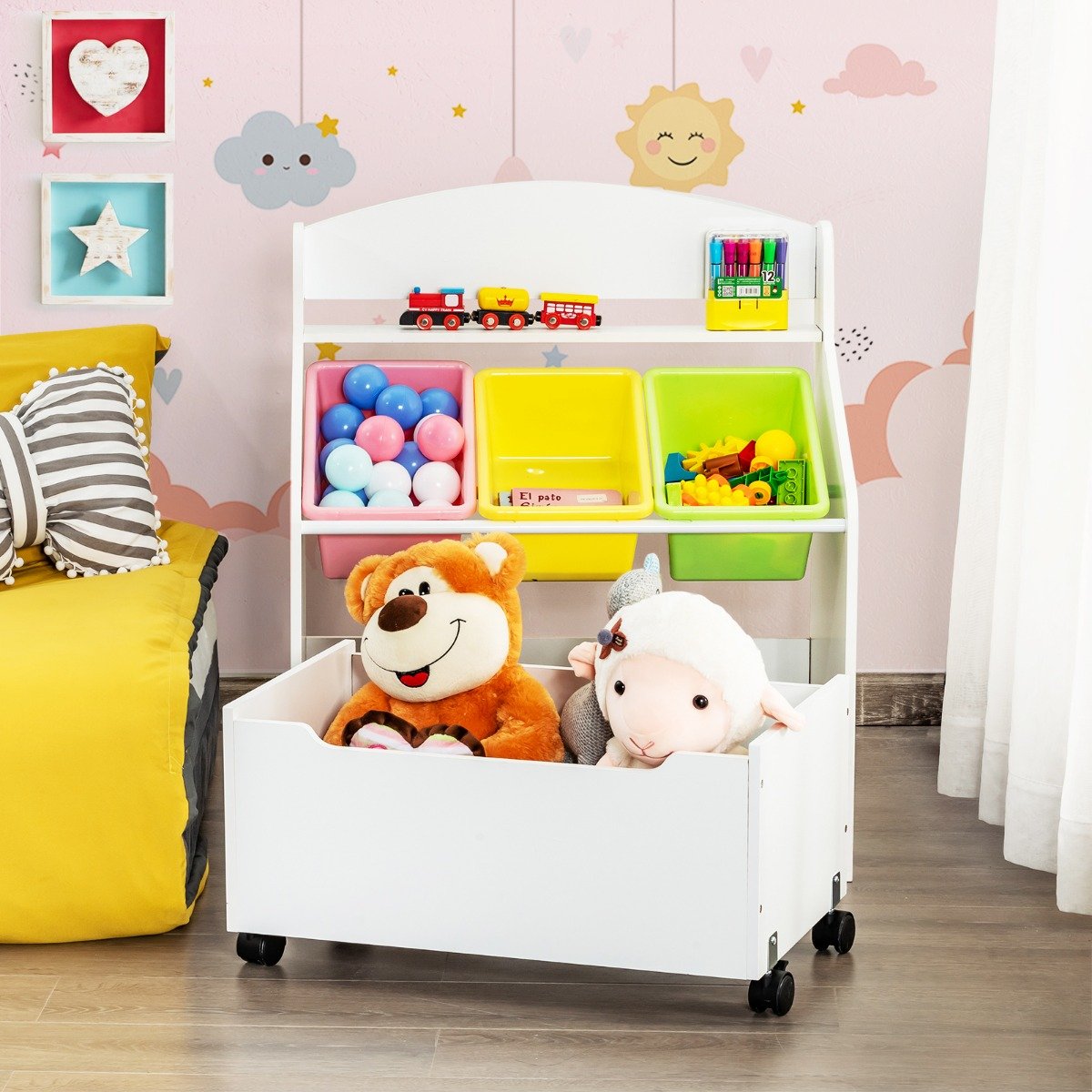 Spielzeugregal Hölzerner Kinderschrank mit Rollen Bücherregal Spielzeugablage für Kinder Weiß