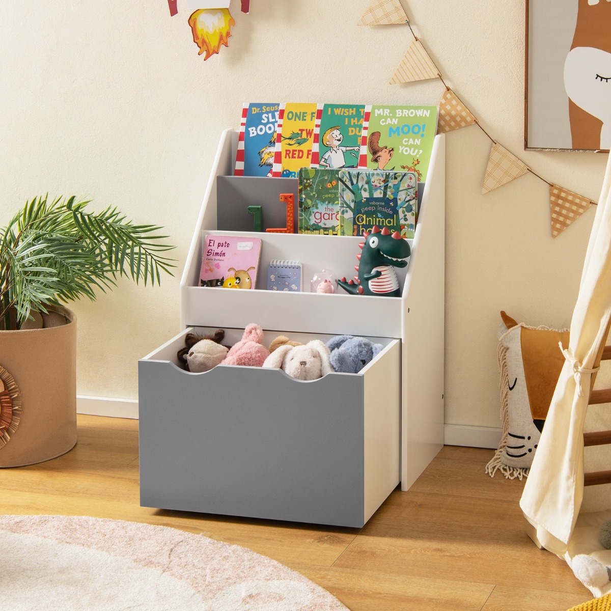 Kinderregal mit 3 Ablagen & Rollender Spielzeugkiste Kinder Bücherregal Grau + Weiß