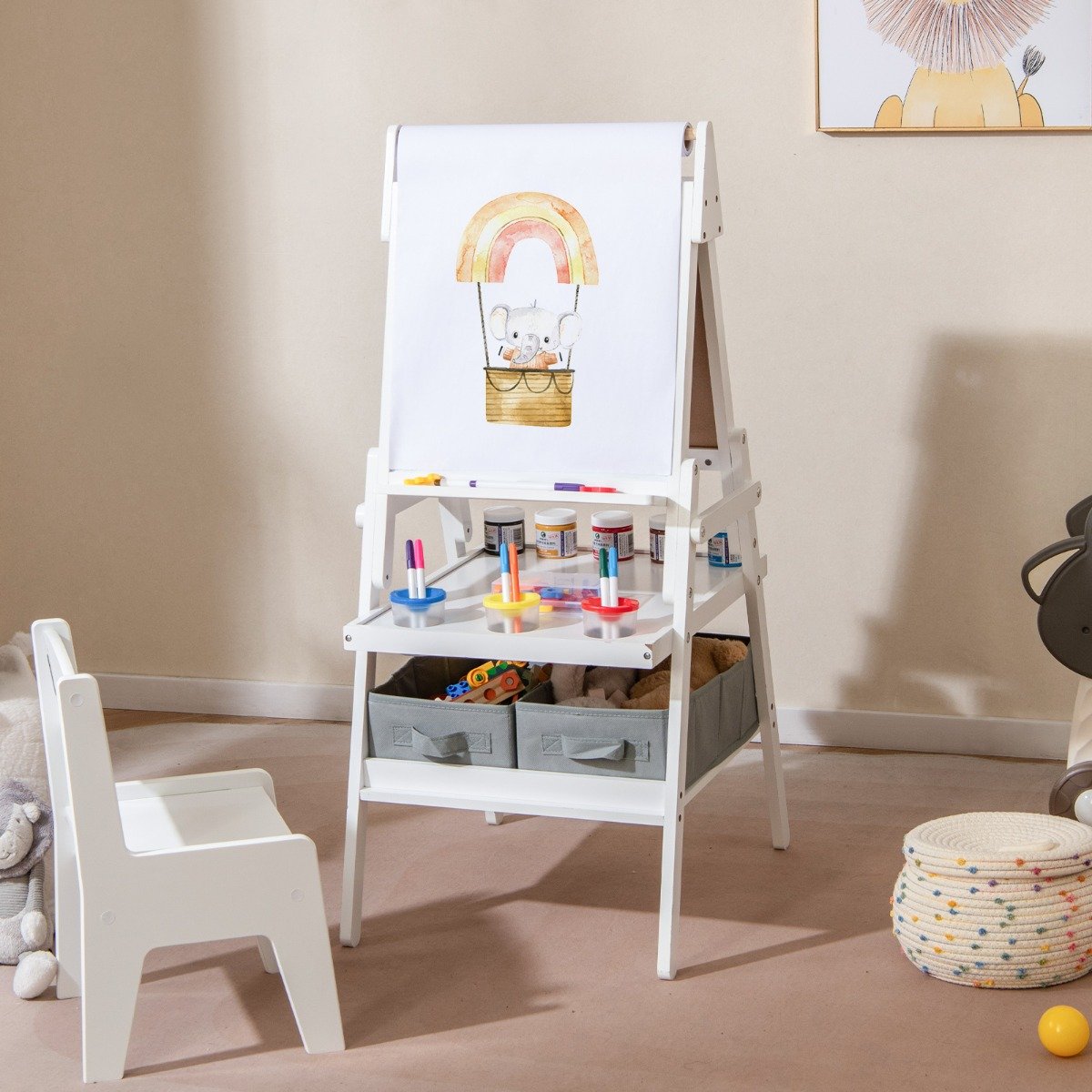 3 in 1 Kinder Tafel mit Papierrolle &amp; magnetischer Kreidetafel &amp; Whiteboard Doppelseitige Kindertafel Weiß