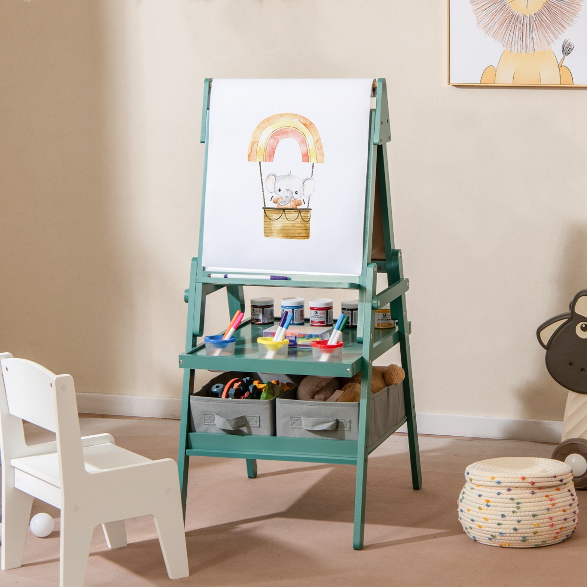3 in 1 Kinder Tafel mit Papierrolle & magnetischer Kreidetafel & Whiteboard Doppelseitige Kindertafel Grün