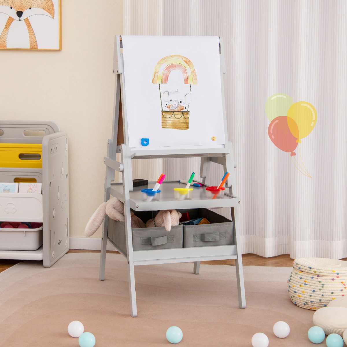 3 in 1 Kinder Tafel mit Papierrolle &amp; magnetischer Kreidetafel &amp; Whiteboard Doppelseitige Kindertafel Grau
