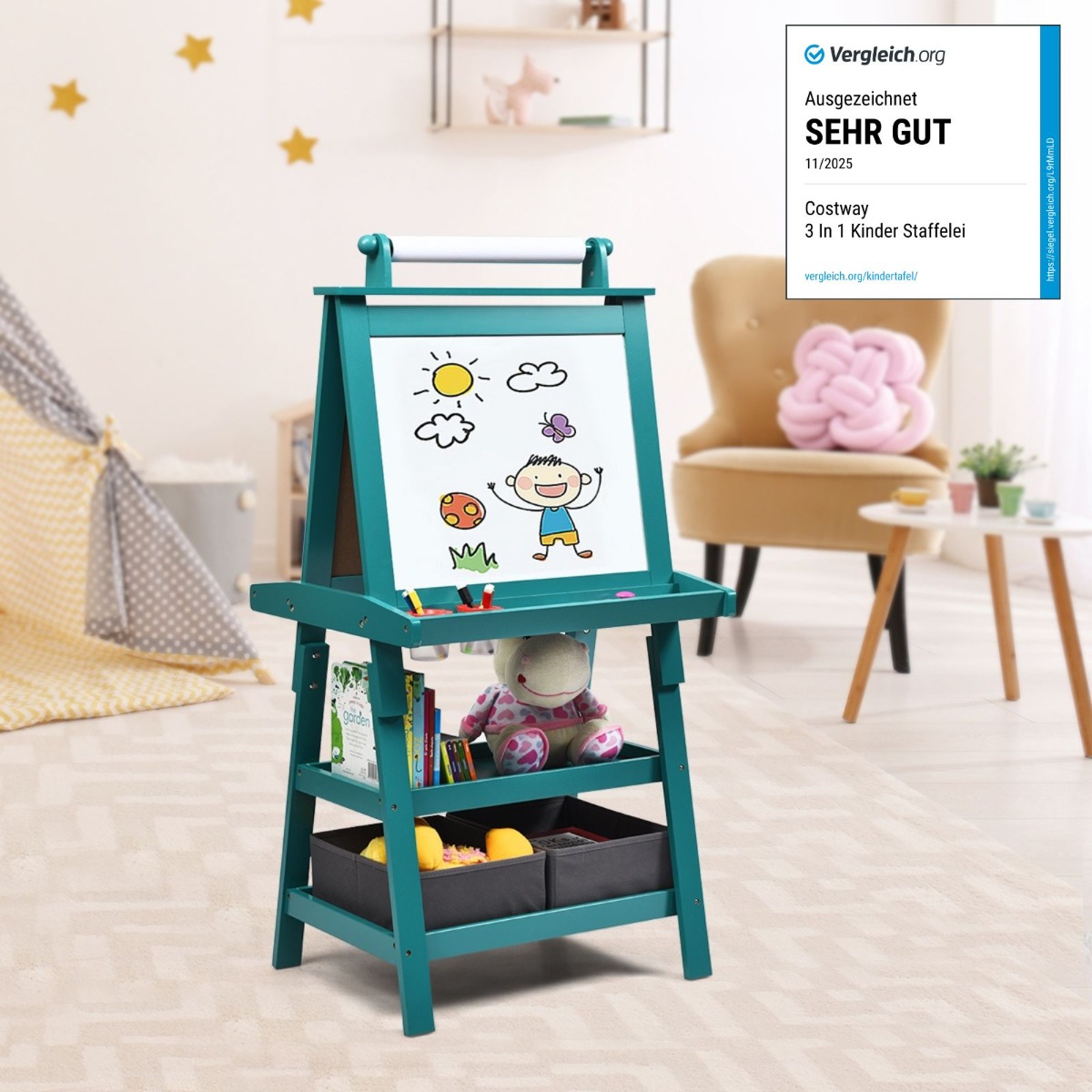 3 in 1 Kinder Staffelei Kindertafel doppelseitig Whiteboard & Kreidetafel & Zeichenpapier 59 x 50 x 117 cm Blau