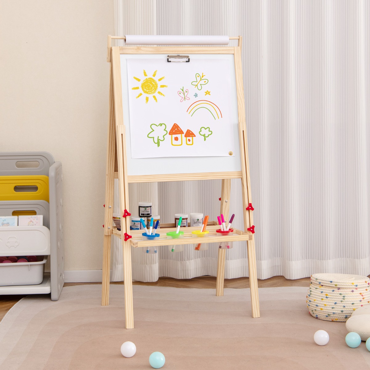 3 in 1 Kinder Tafel mit Magnetischer Kreidetafel & Whiteboard & Papierrolle Höhenverstellbar
