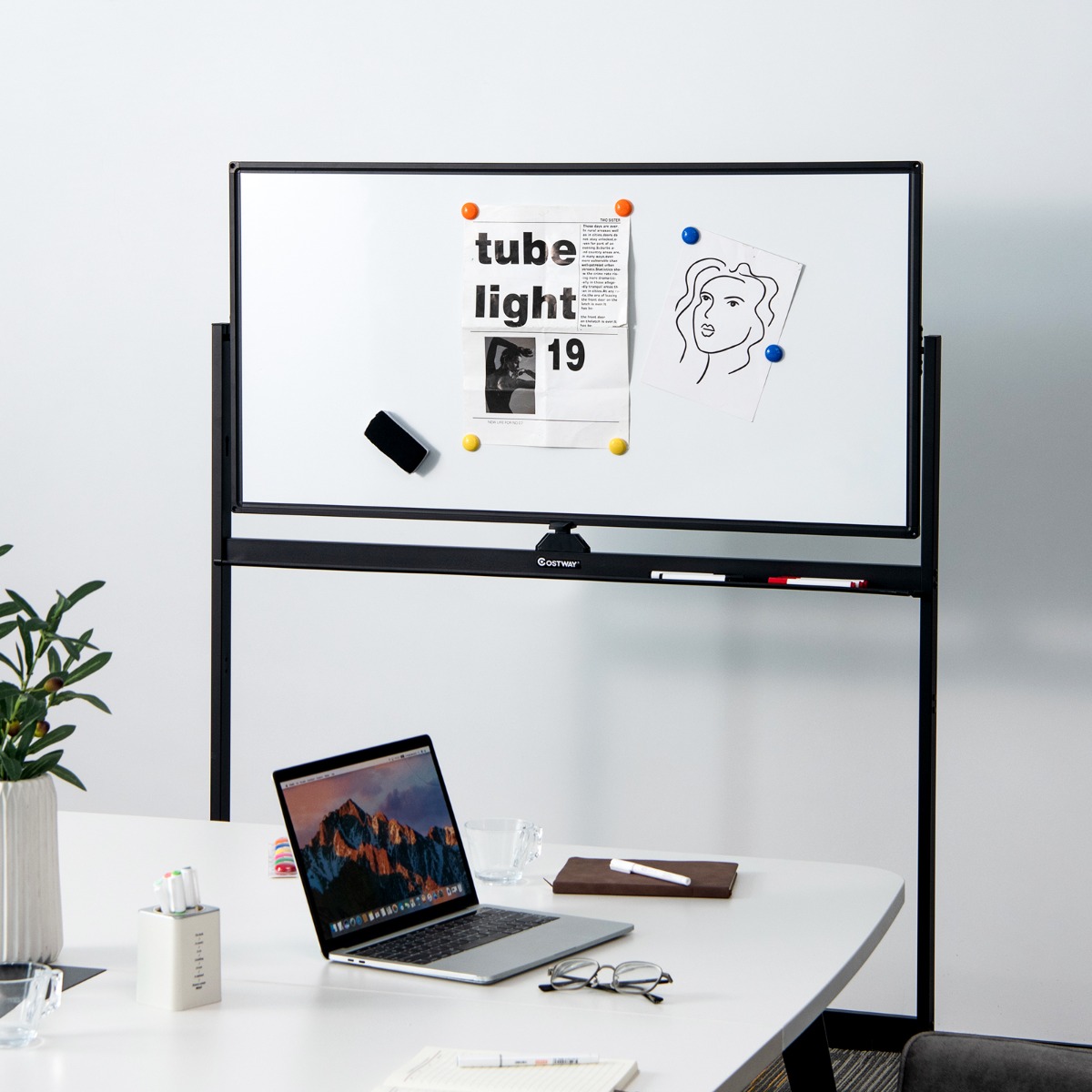 Doppelseitiges magnetisches mobiles Whiteboard mobile rollende Weißwandtafel für Büro Schwarz 