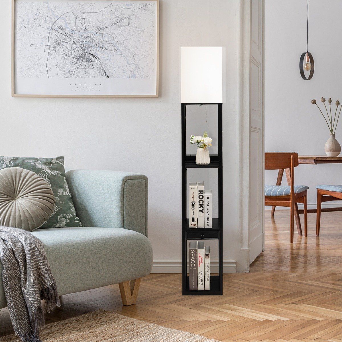 Moderne Regal-Stehlampe Dimmbare Standlampe mit Schublade 26 x 26 x 159,5 cm