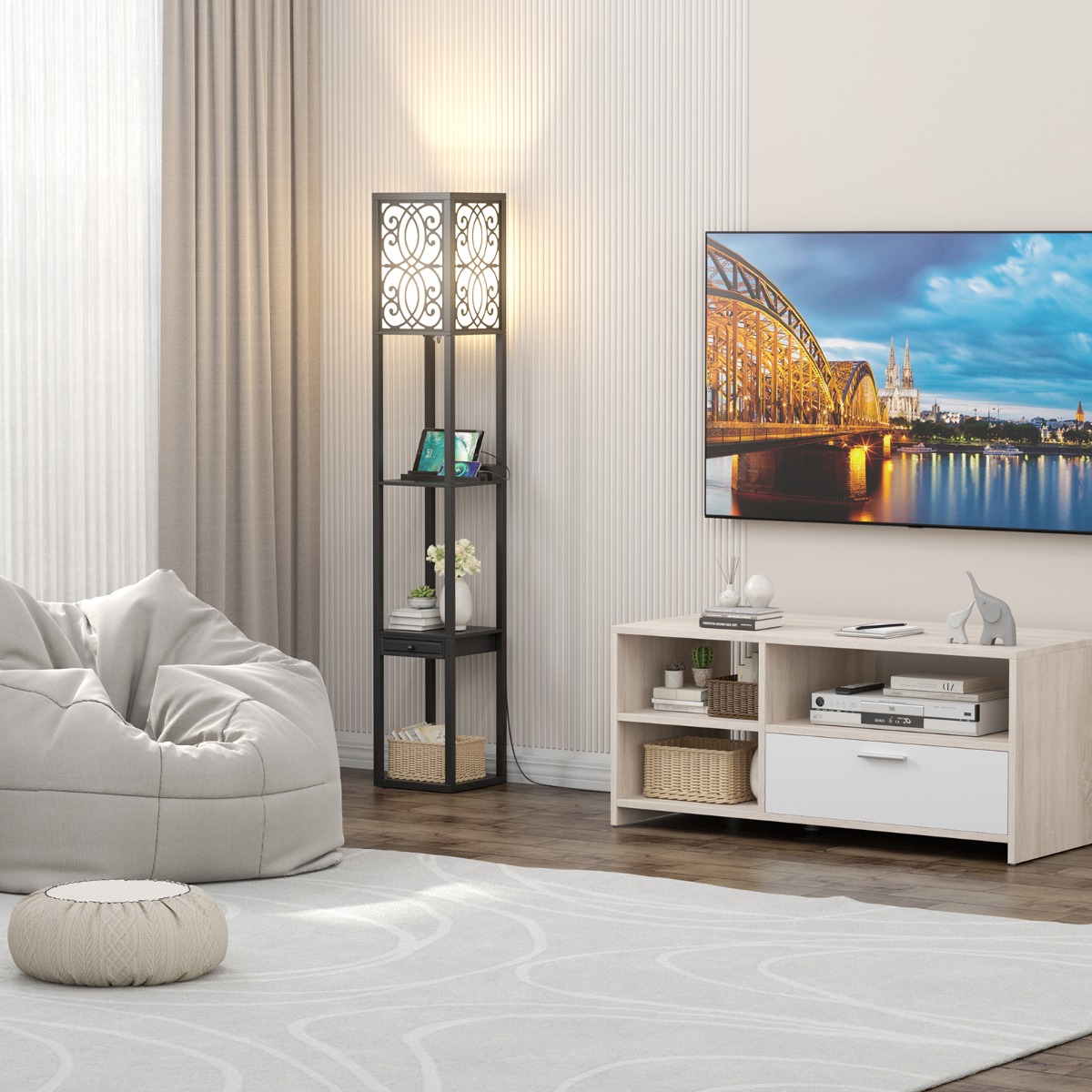 Stehlampe mit Regalen und Schublade für Wohnzimmer Schlafzimmer 26 x 26 x 160,5 cm Schwarz