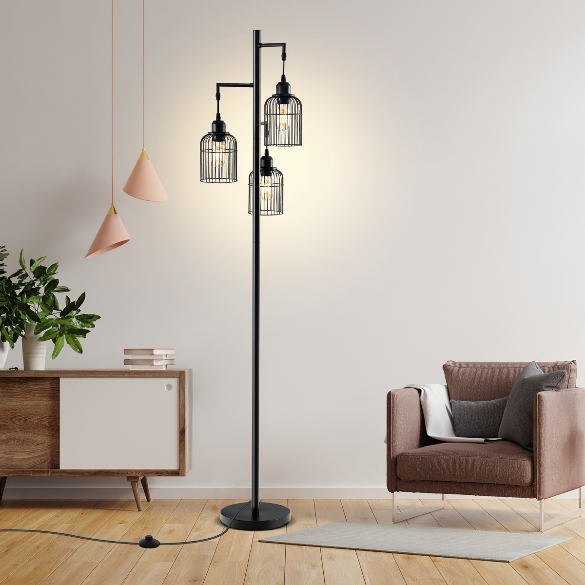 Moderne Stehlampe 169 cm industrielle Standleuchte mit 3 Lampenschirmen Fußschalter 25 x 169 cm Schwarz