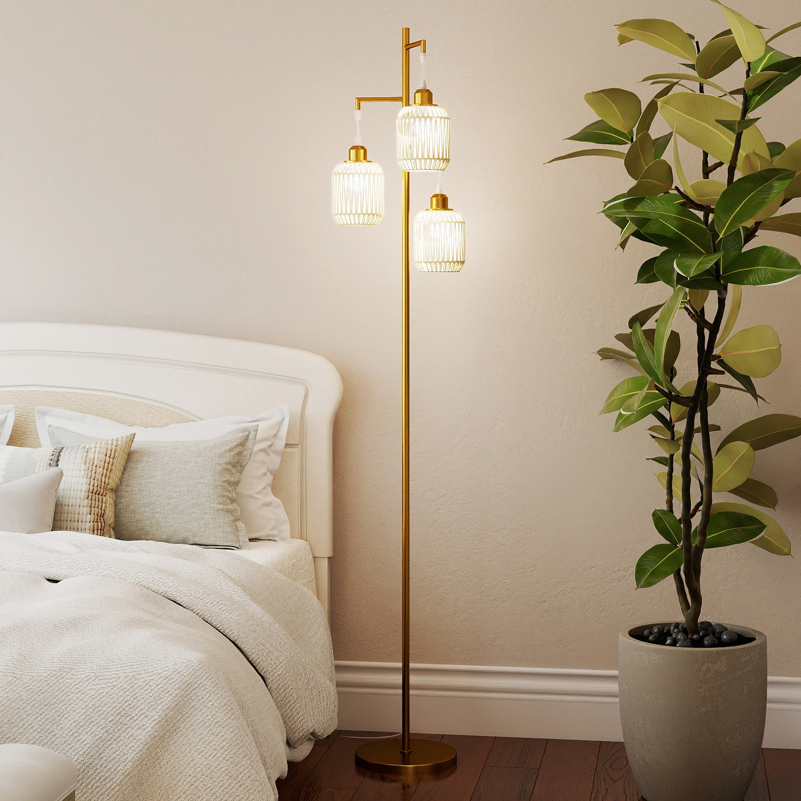 Stehlampe 173 cm Leselampe mit 3 E27 Fassungen & Fußschalter Stehleuchte Modern mit Käfig Lampenschirm Gold
