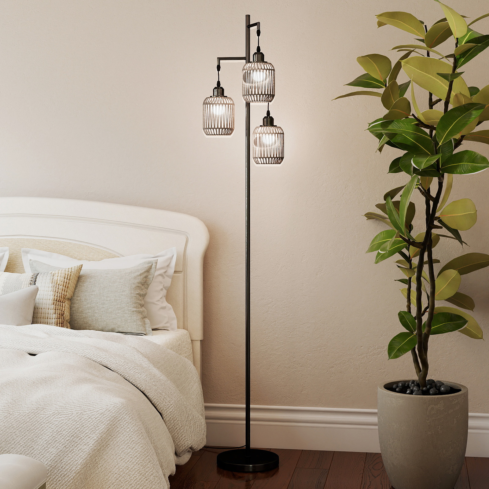 Stehlampe 173 cm Leselampe mit 3 E27 Fassungen & Fußschalter Stehleuchte Modern mit Käfig Lampenschirm Schwarz