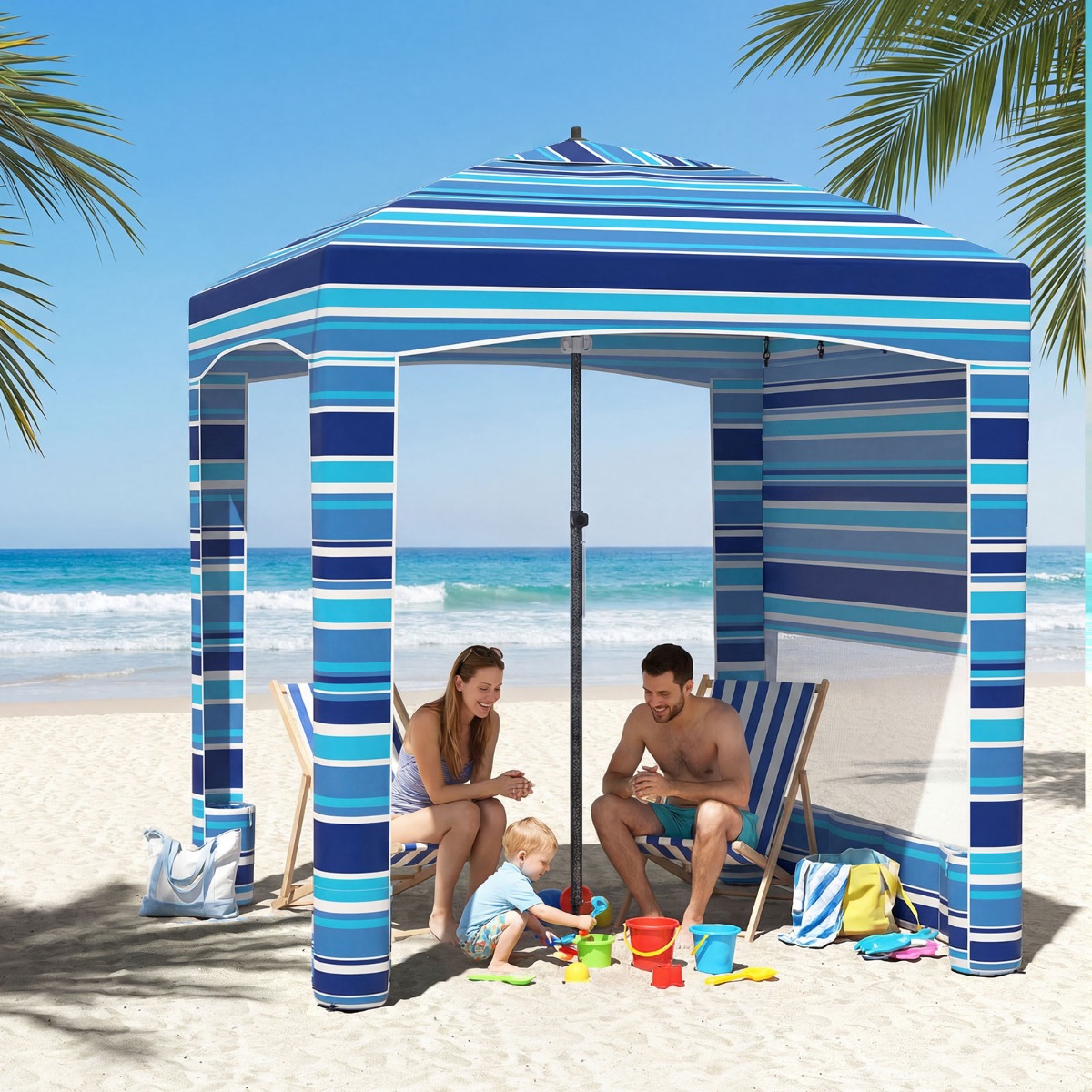 185 x 185 cm Strandzelt Höhenverstellbar Seitenwand Sandsäcke Tragetasche Strand Camping Blau