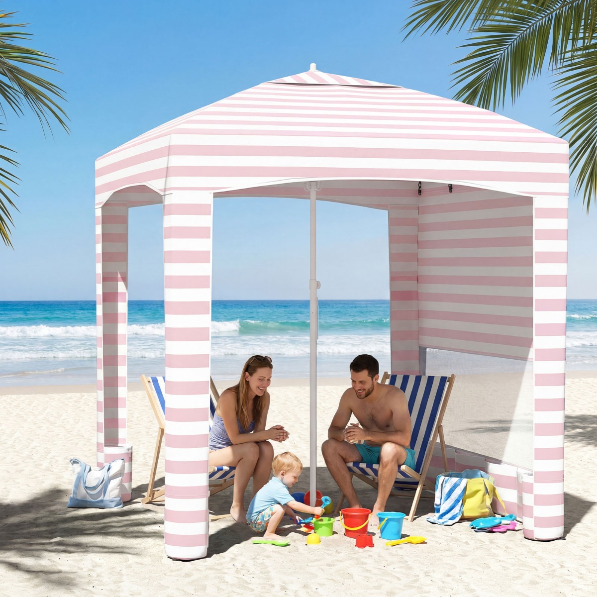 185 x 185 cm Strandzelt Höhenverstellbar Seitenwand Sandsäcke Tragetasche Strand Camping Rosa