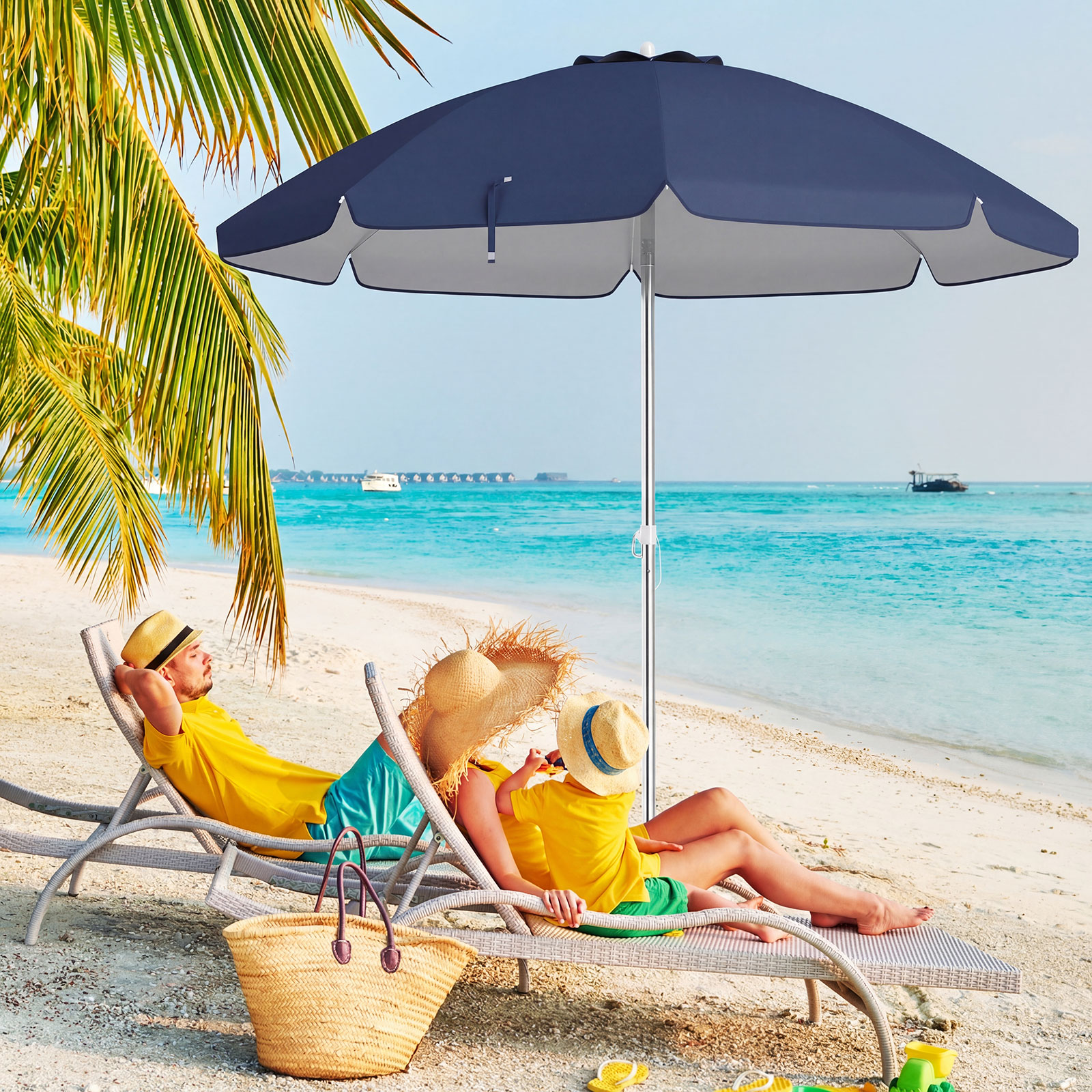 Strand Sonnenschirm mit UPF 50+ & 30° Knickbar Windfest Strandschirm Sonnenschutz Marineblau