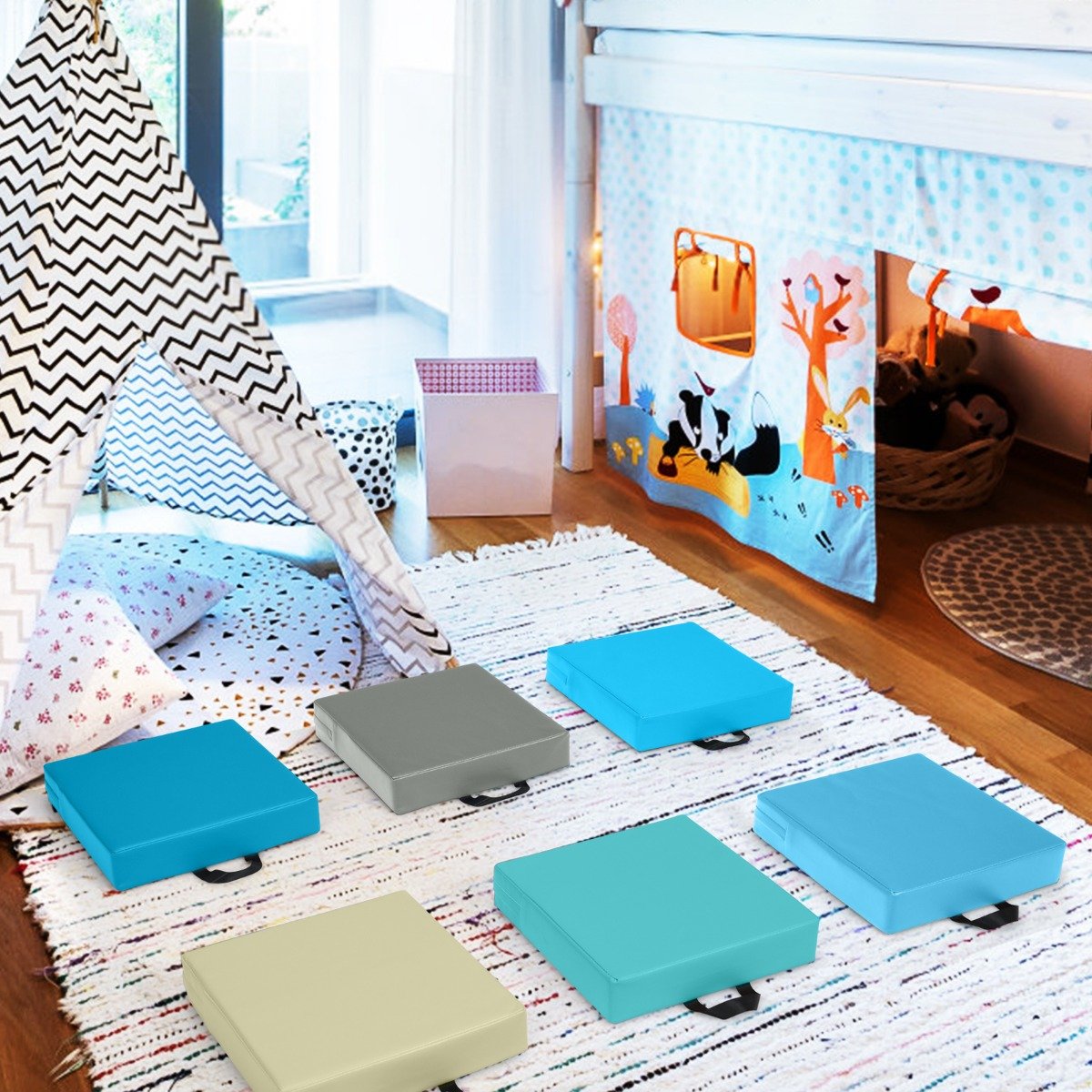 6er Set Kinder Stuhlkissen mit Griff Bodenkissen mit Reißverschluss Quadrat Hellblau