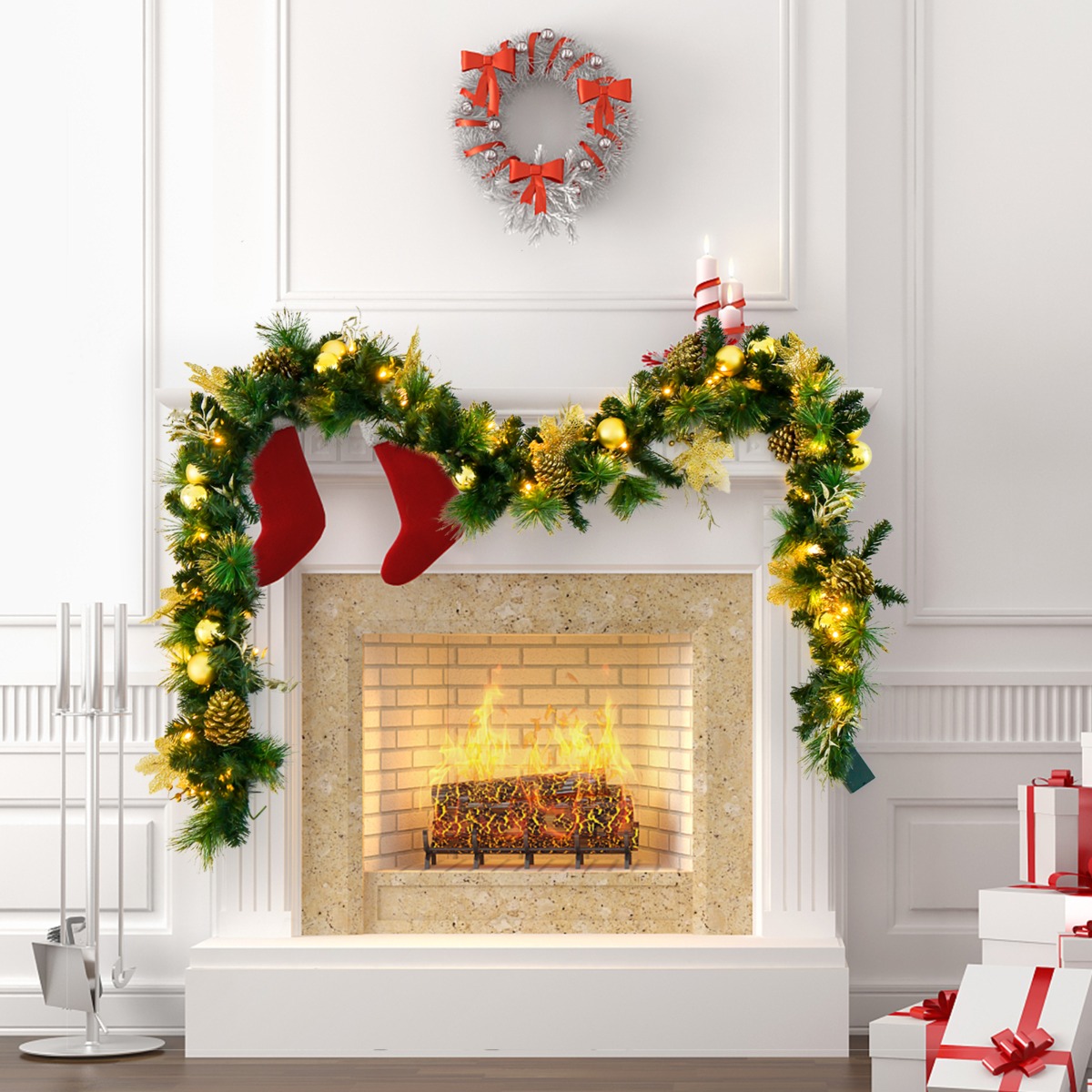 270 cm Weihnachtsgirlande mit 50 Warmweiß LEDs & Tannenzapfen & Goldenen Kugeln