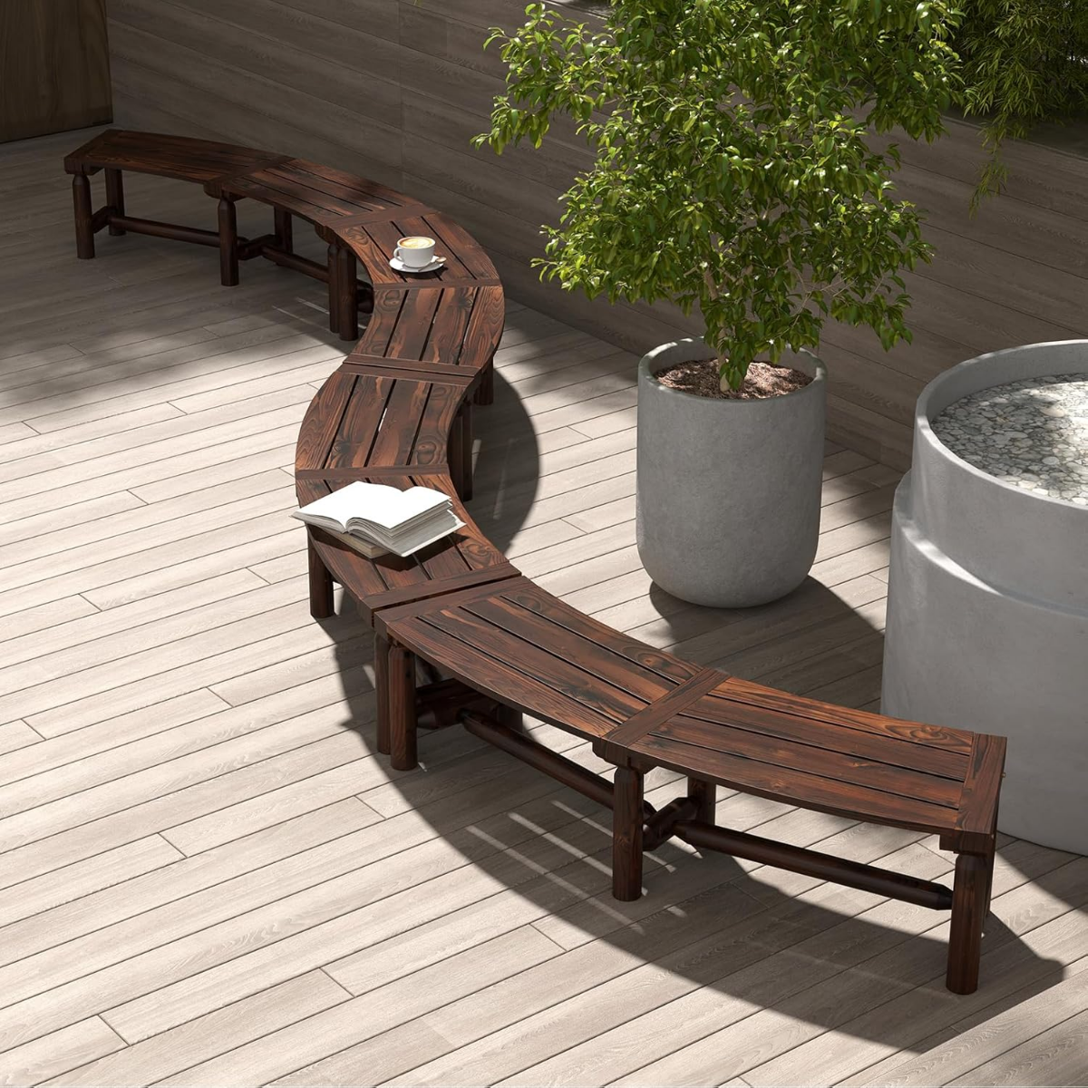 Gartenbank aus Holz Feuerstelle gebogene Bank mit kohlenstoffisiertem Finish 139 x 36 x 41 cm