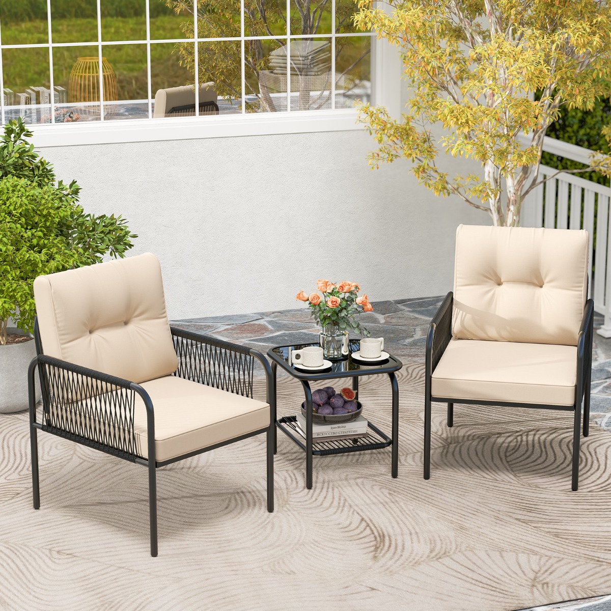 Rattan Gartenmöbel Set 3tlg. Balkonmöbel mit 2 Stühle & Tisch & Kissen Beige