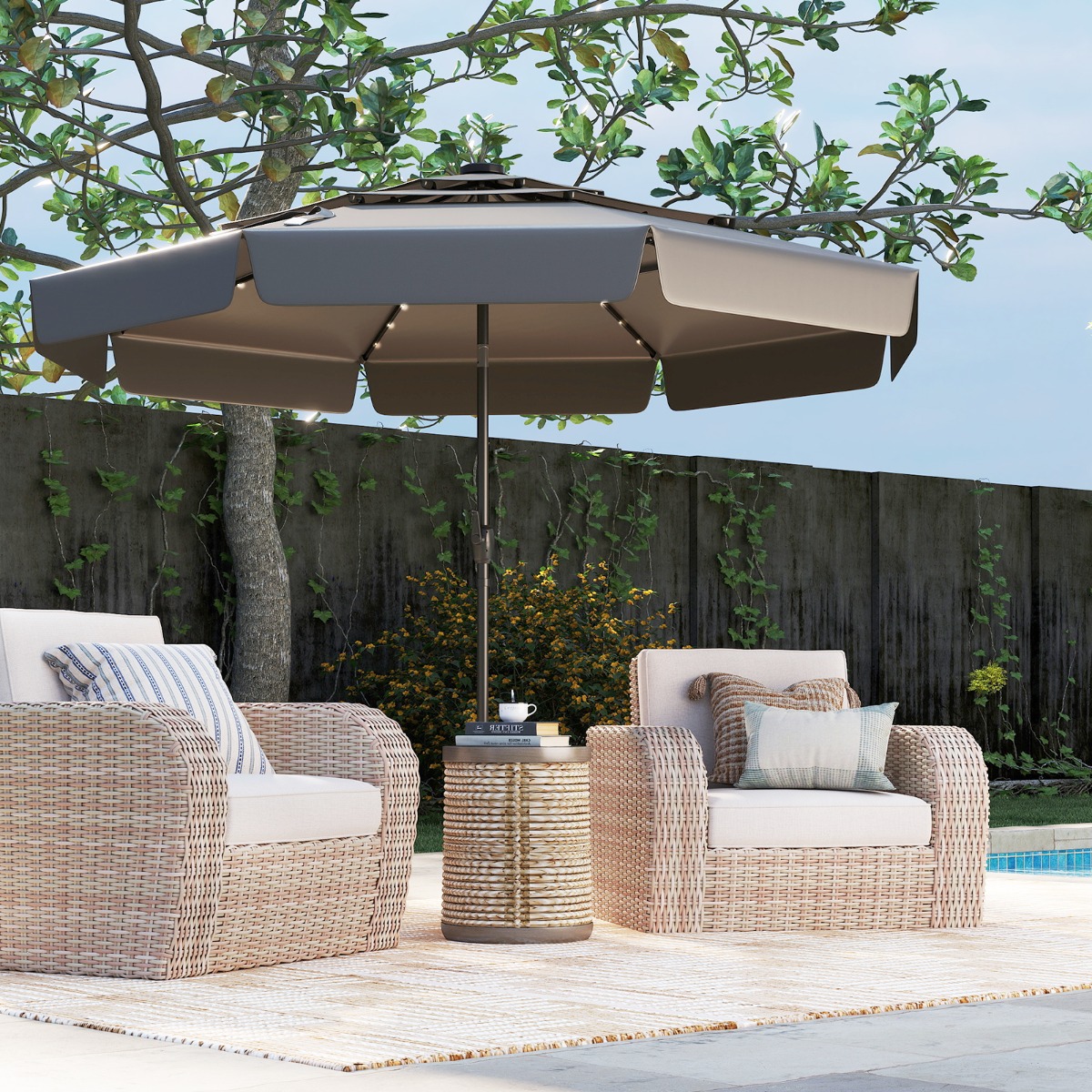 300 cm Sonnenschirm mit LED-Beleuchtung Beidseitig um 35° Knickbarer Gartenschirm Grau