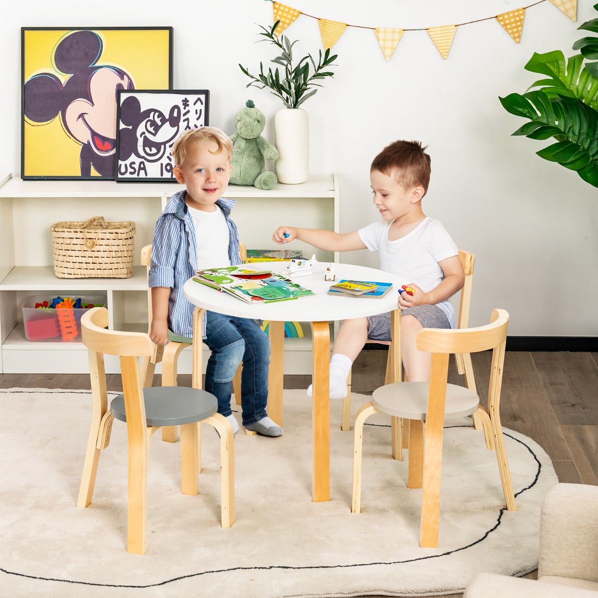 Kindertisch Holztisch mit 4 Stühlen für Kinder Kindertisch- und Stuhl-Set mit Rückenlehne Bunt