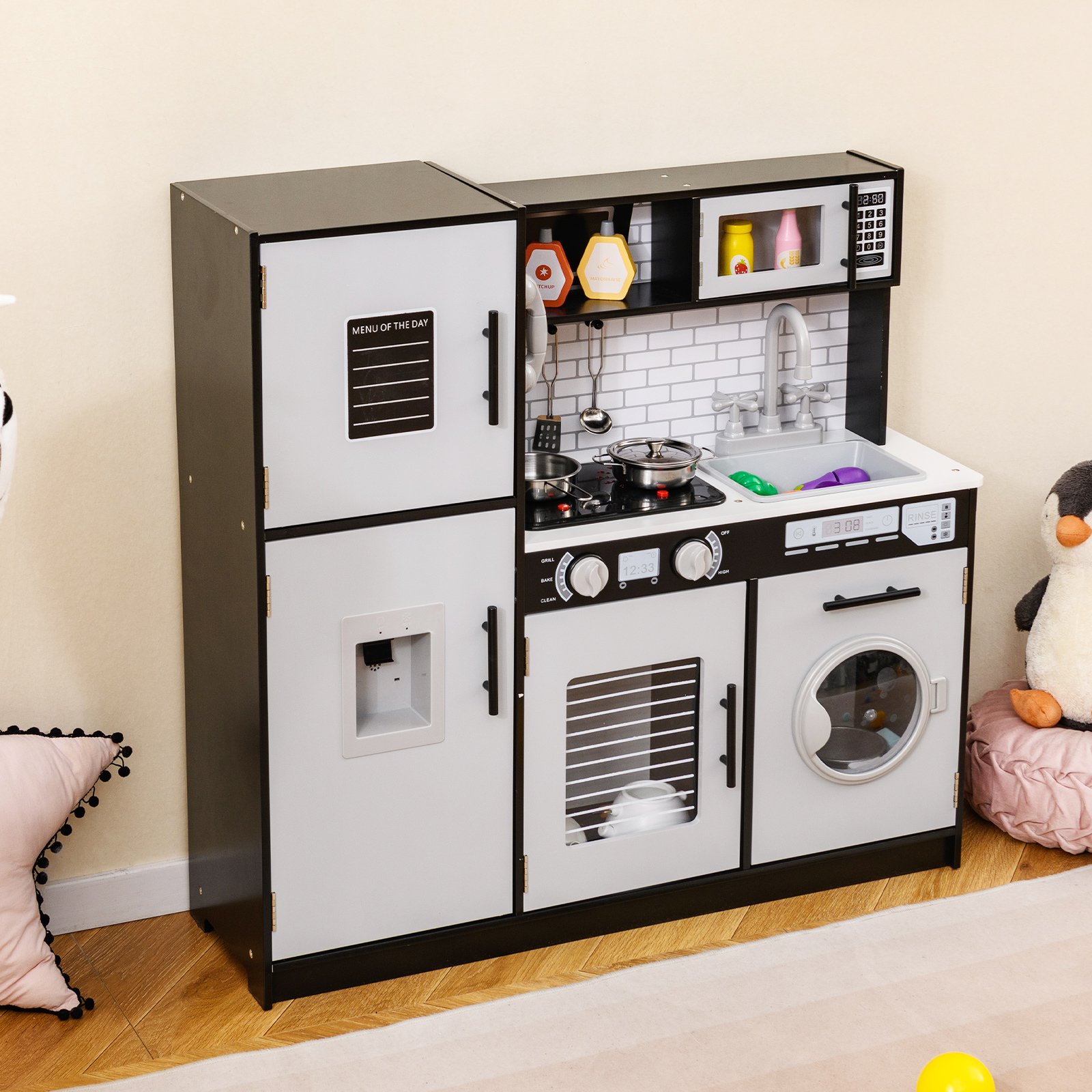 Kinderküche mit Zubehör Spielküchen-Spielzeugset mit Ofen & Waschmaschine Schwarz