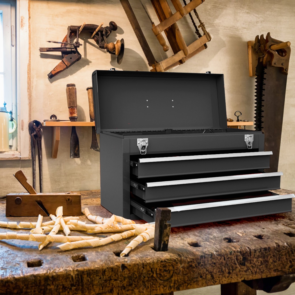 Metall Werkzeugkiste mit 3 Schubladen & Oberem Fach Werkzeugkasten 52 x 21 x 30 cm Schwarz