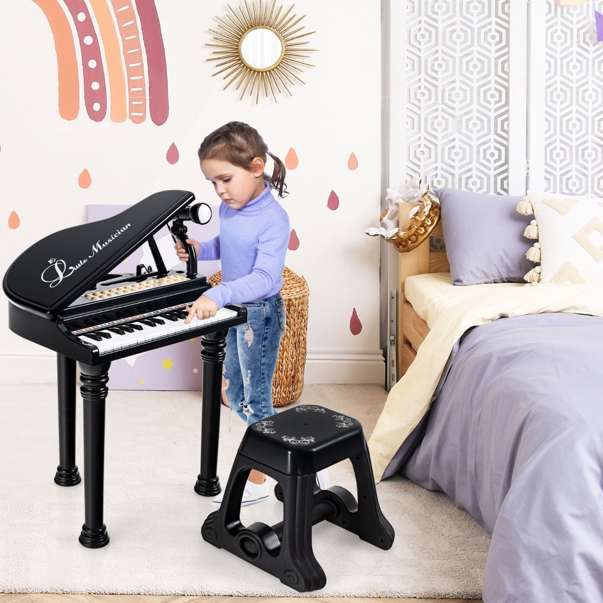 Kinderklavier mit 31 Tasten & Hocker Spielzeugklavier tragbar 35 x 30 x 55 cm Schwarz