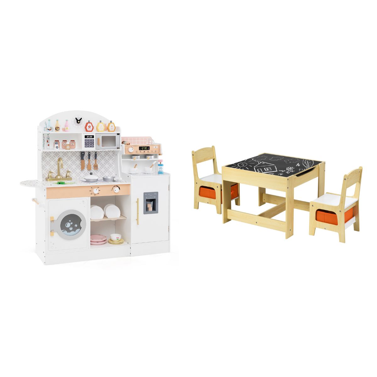 Kinderküche + Kindersitzgruppe Set 3 in 1 Maltisch mit 2 Stühlen Holz Spielküche mit 27 Zubehör
