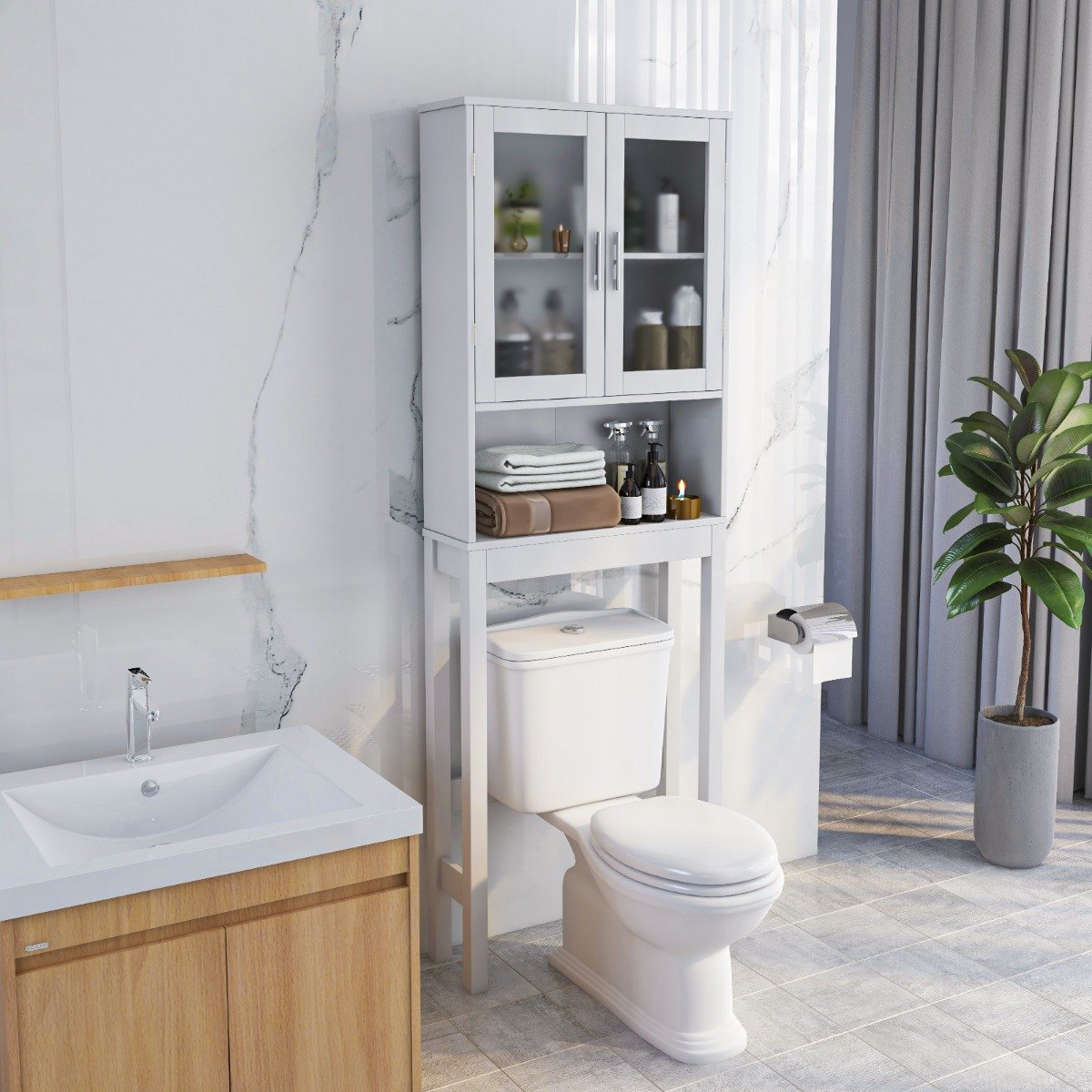 Toilettenschrank freistehend Bad Toilettenregal über Toilette 58 x 19 x 170 cm Weiß