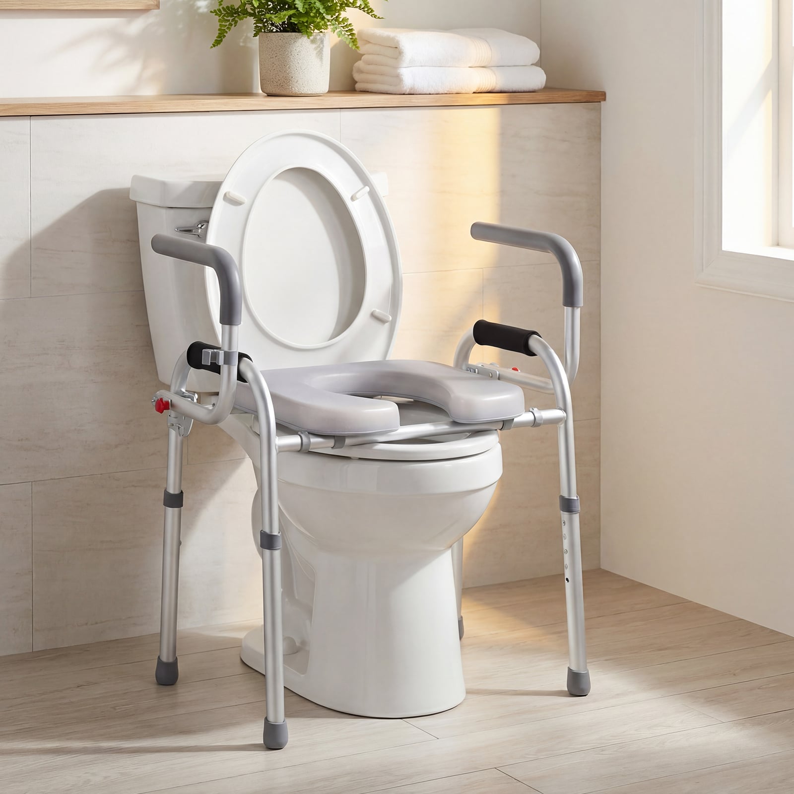Toilettensitzerhöhung für Senioren WC Sitzerhöhung mit faltbarer Griff gepolstertem Sitz Weiß